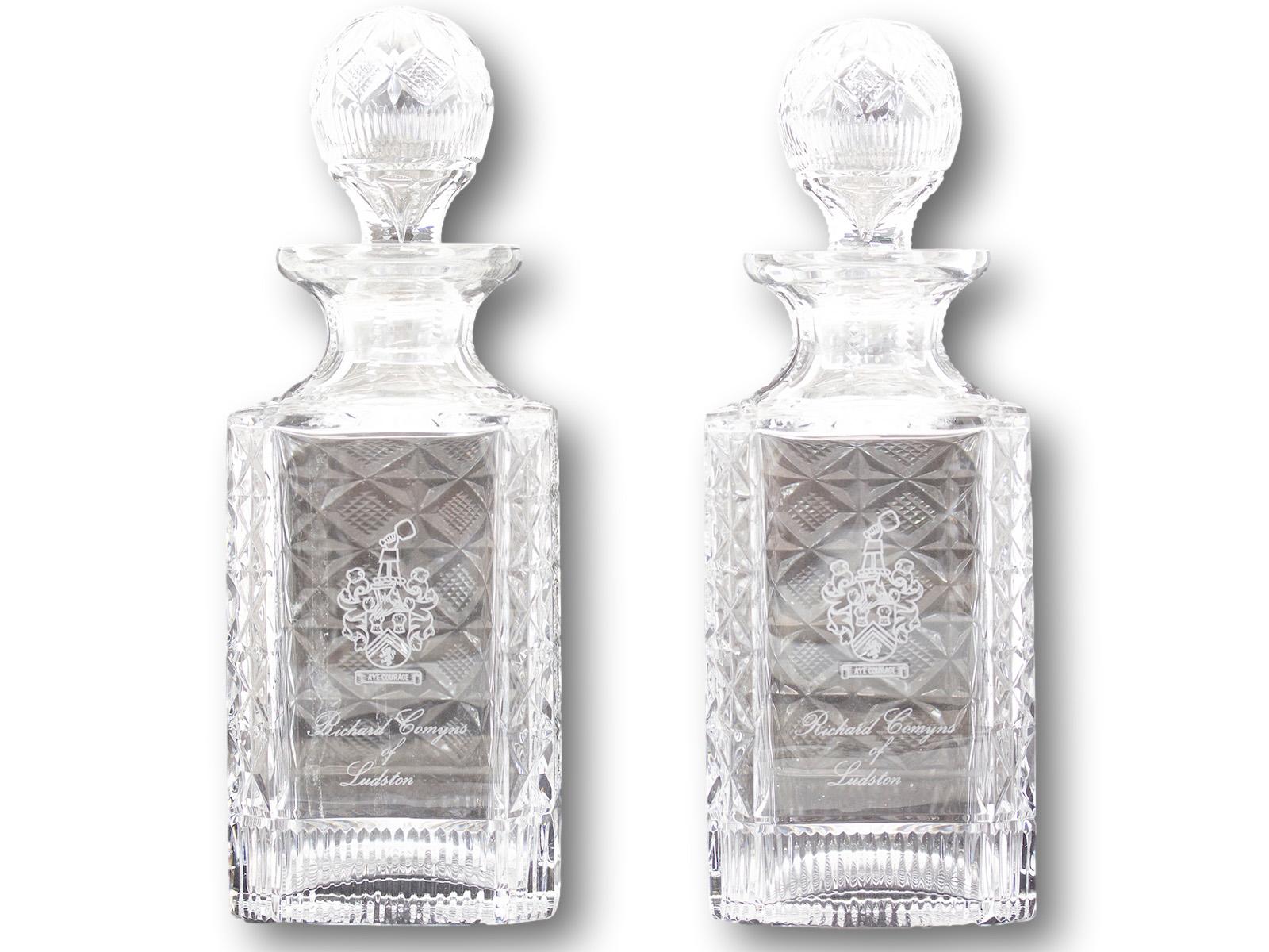 Engraved Modern Pair of Magnum Glass Decanters For Sale