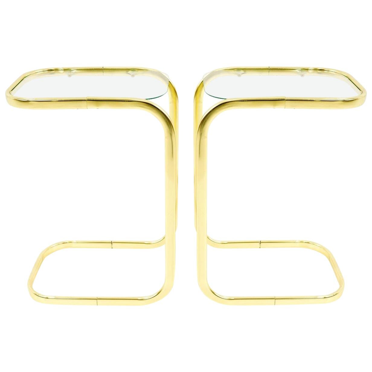Modern Pair of Brass and Glass Drink / Side Tables
