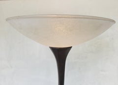 Modern Pair of Ornate Walnut Floor Lamps with Textured Glass