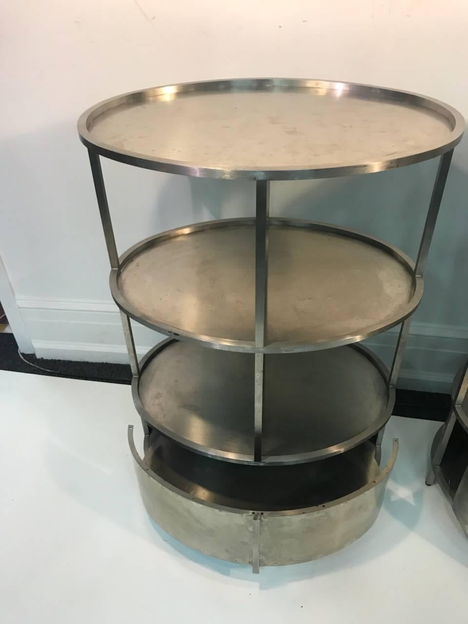 Modern Pair of Polished Steel Triple Tier Stands In Good Condition For Sale In Allentown, PA