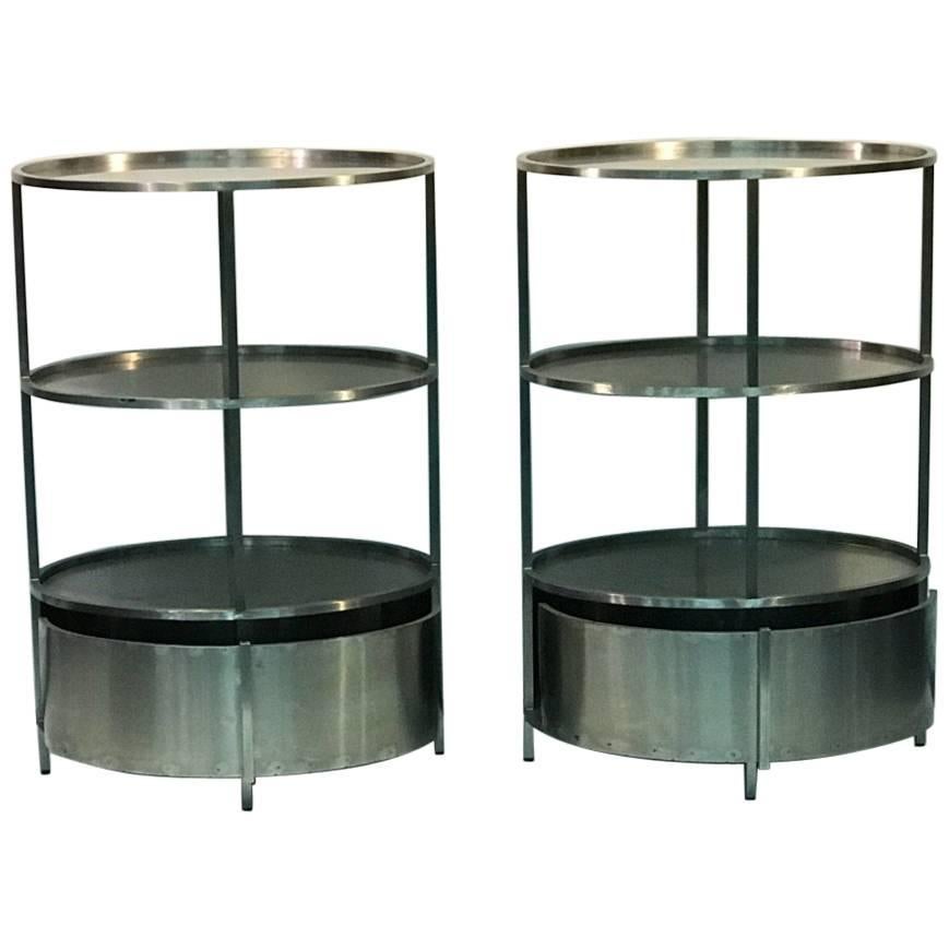 Modern Pair of Polished Steel Triple Tier Stands For Sale