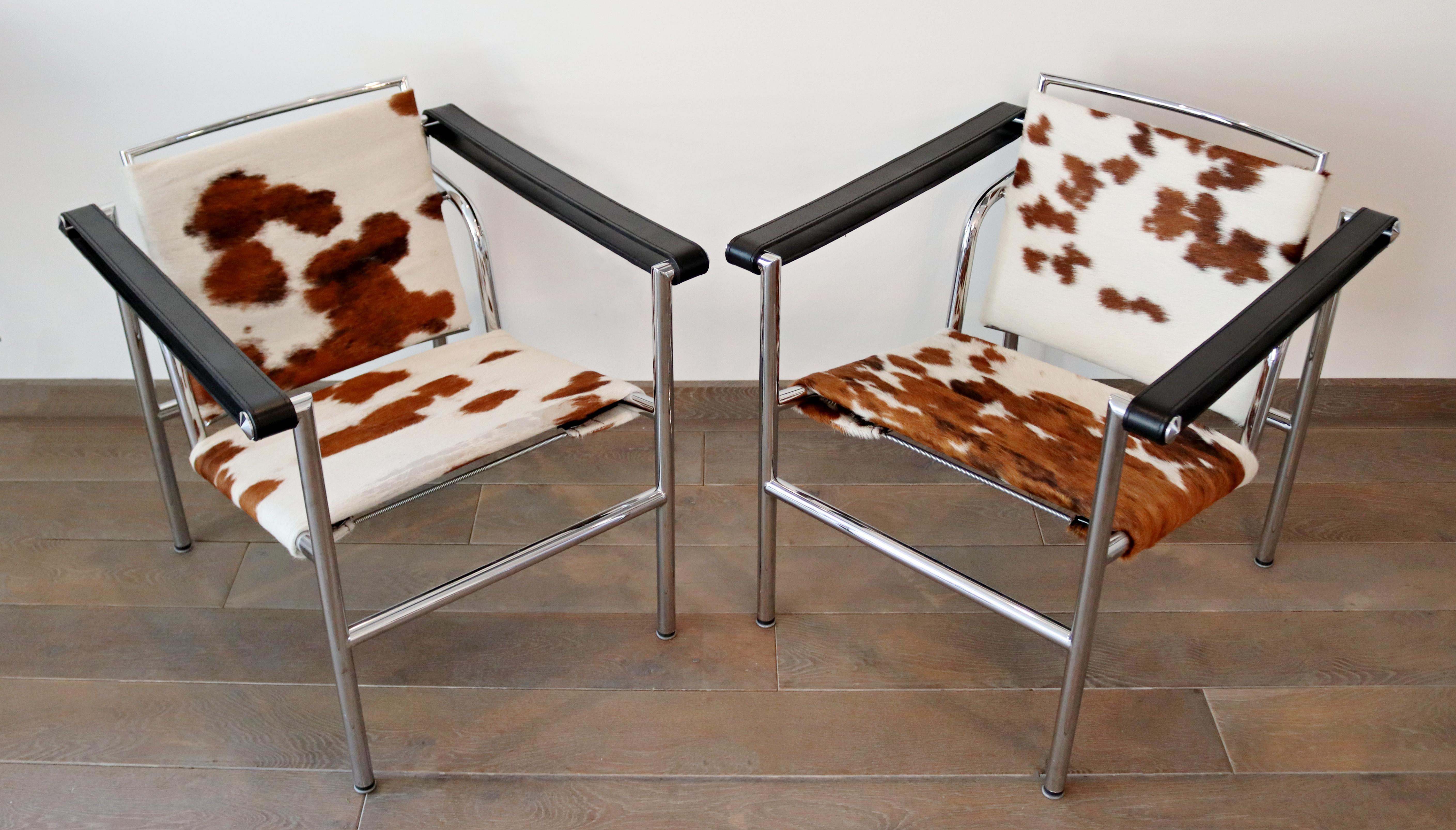 For your consideration is an incredible pair of Corbusier style, pony hair on chrome, adjustable accent chairs. In very good condition, with some of the hair rubbed away due to age. The dimensions are 23