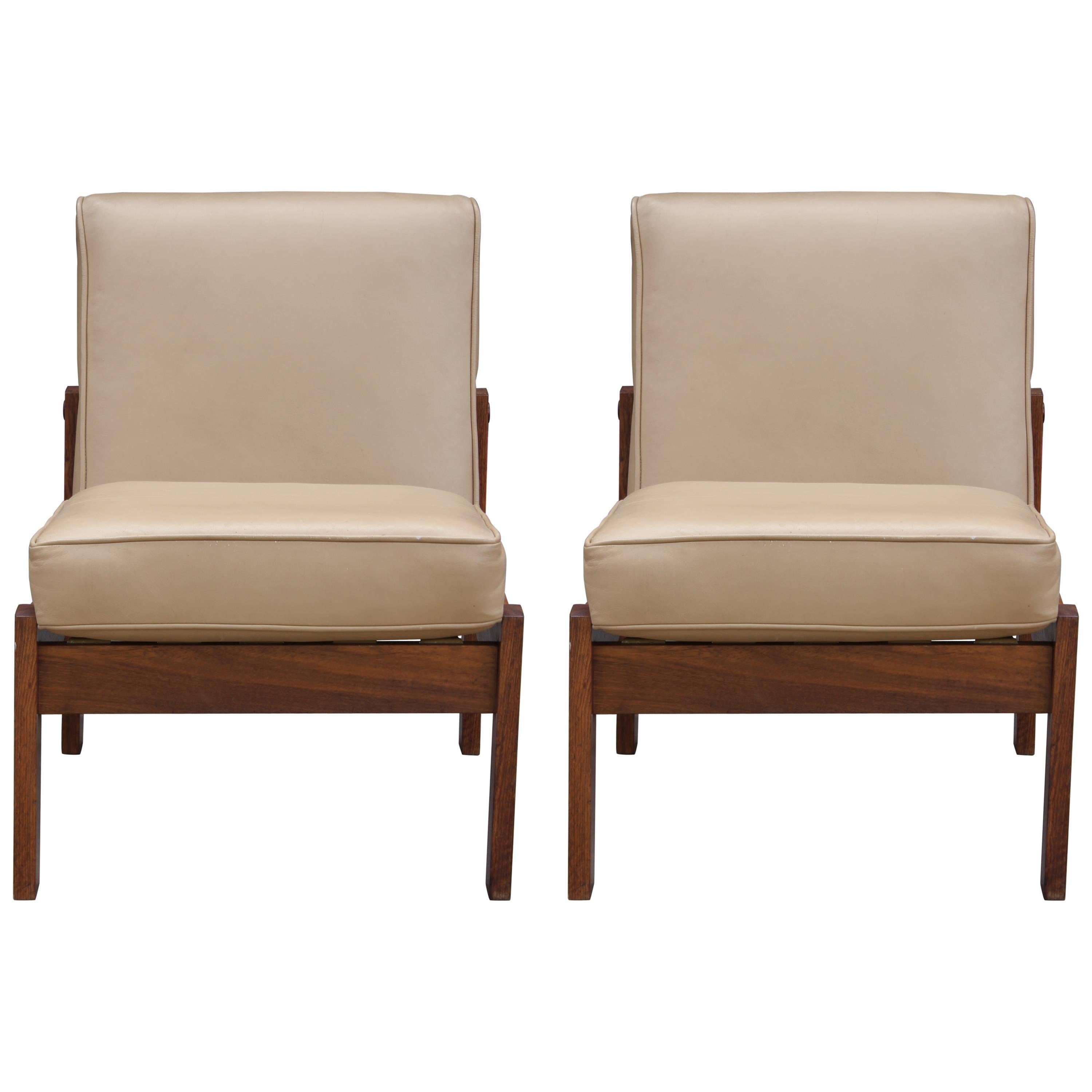 Modern Pair of Rosewood Slipper Chairs with Tan Leather