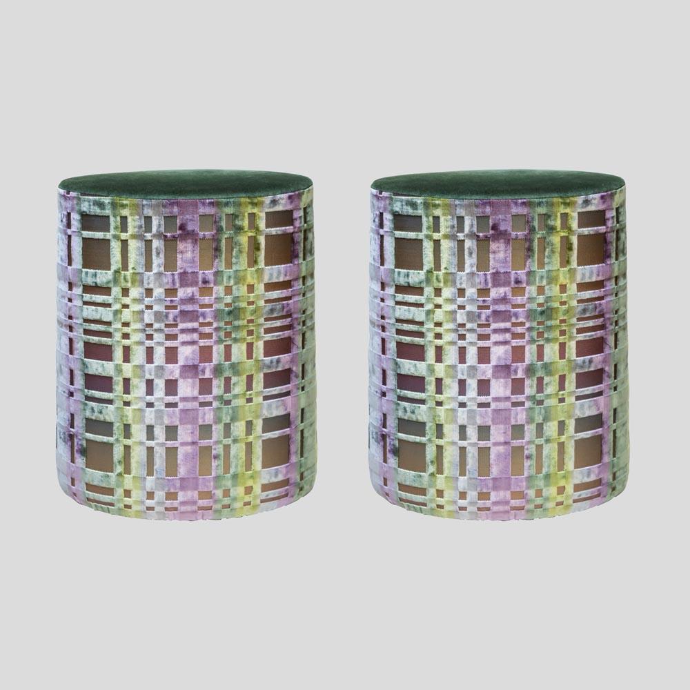 Contemporary Modern Pair of Stools Cotton Patterned Velvet Fabric in Pastel Colours Italian For Sale