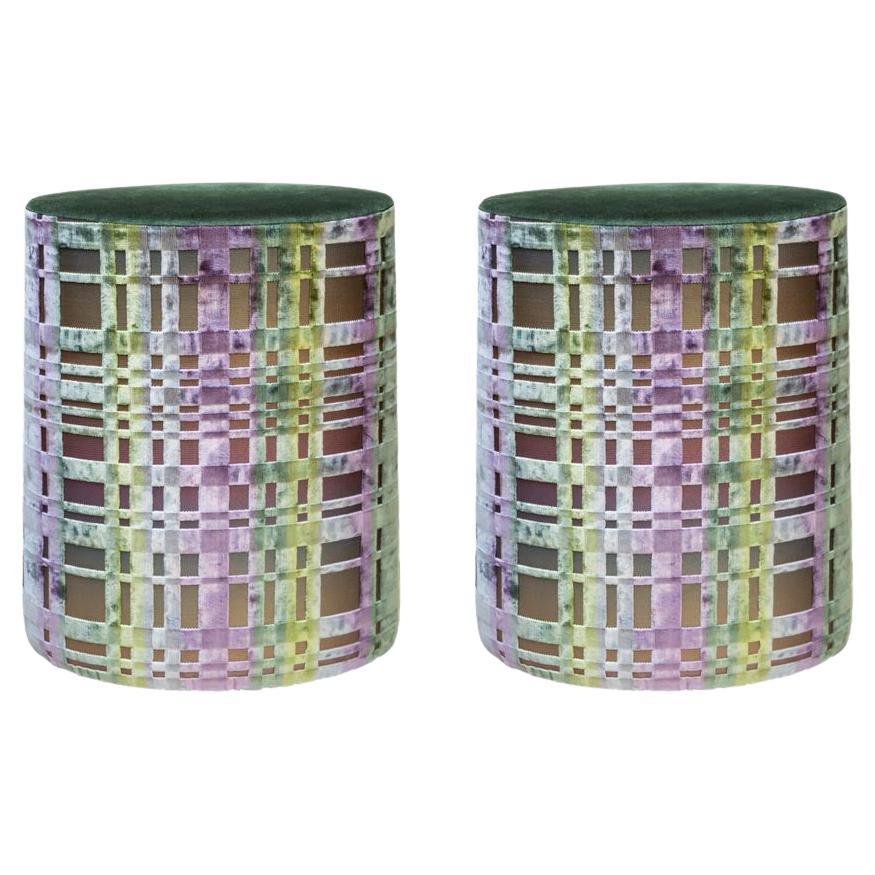 Modern Pair of Stools Cotton Patterned Velvet Fabric in Pastel Colours Italian For Sale