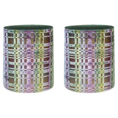 Modern Pair of Stools Cotton Patterned Velvet Fabric in Pastel Colours Italian