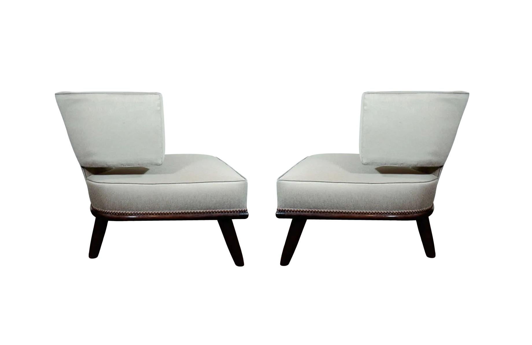 Upholstery Modern Pair of Stylized Klismos Lounge Chairs For Sale
