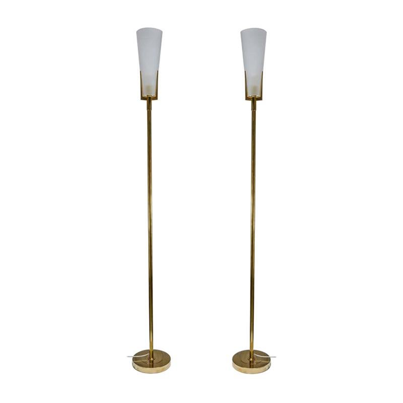 Pair of Italian Brass Floor Lamps with Metal Shades For Sale at 1stDibs