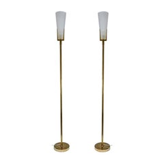 Modern Pair of Tall Floor Lamps White Frosted Glass Shades on Brass, Italian