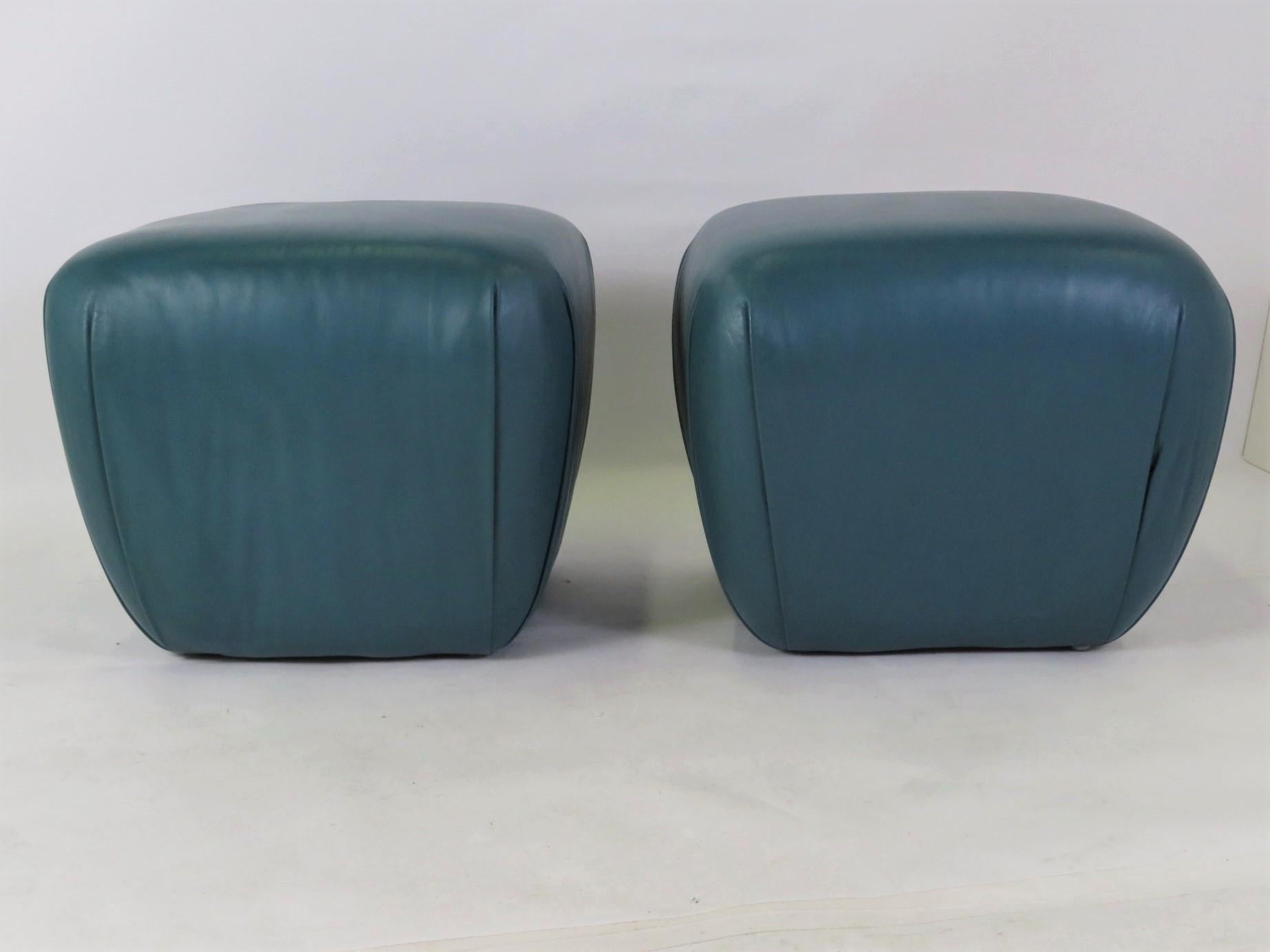 American Modern Pair of Teal Leather Ottomans Stools in the Style of Karl Springer, 1980s
