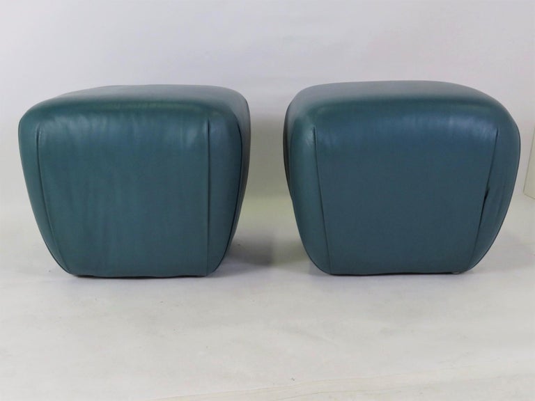 American Modern Pair of Teal Leather Ottomans Stools in the Style of Karl Springer, 1980s For Sale
