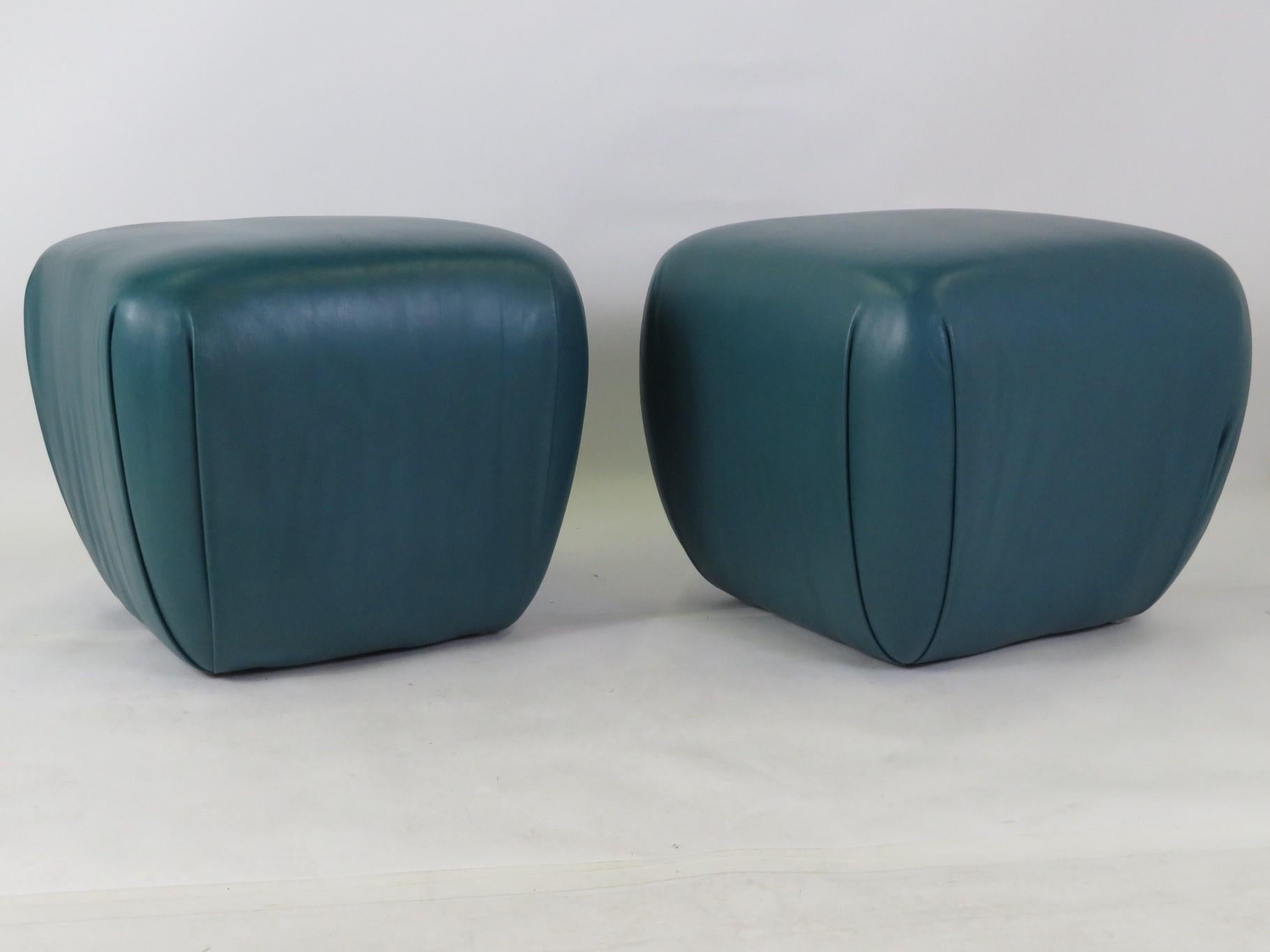 Modern Pair of Teal Leather Ottomans Stools in the Style of Karl Springer, 1980s In Good Condition In Miami, FL