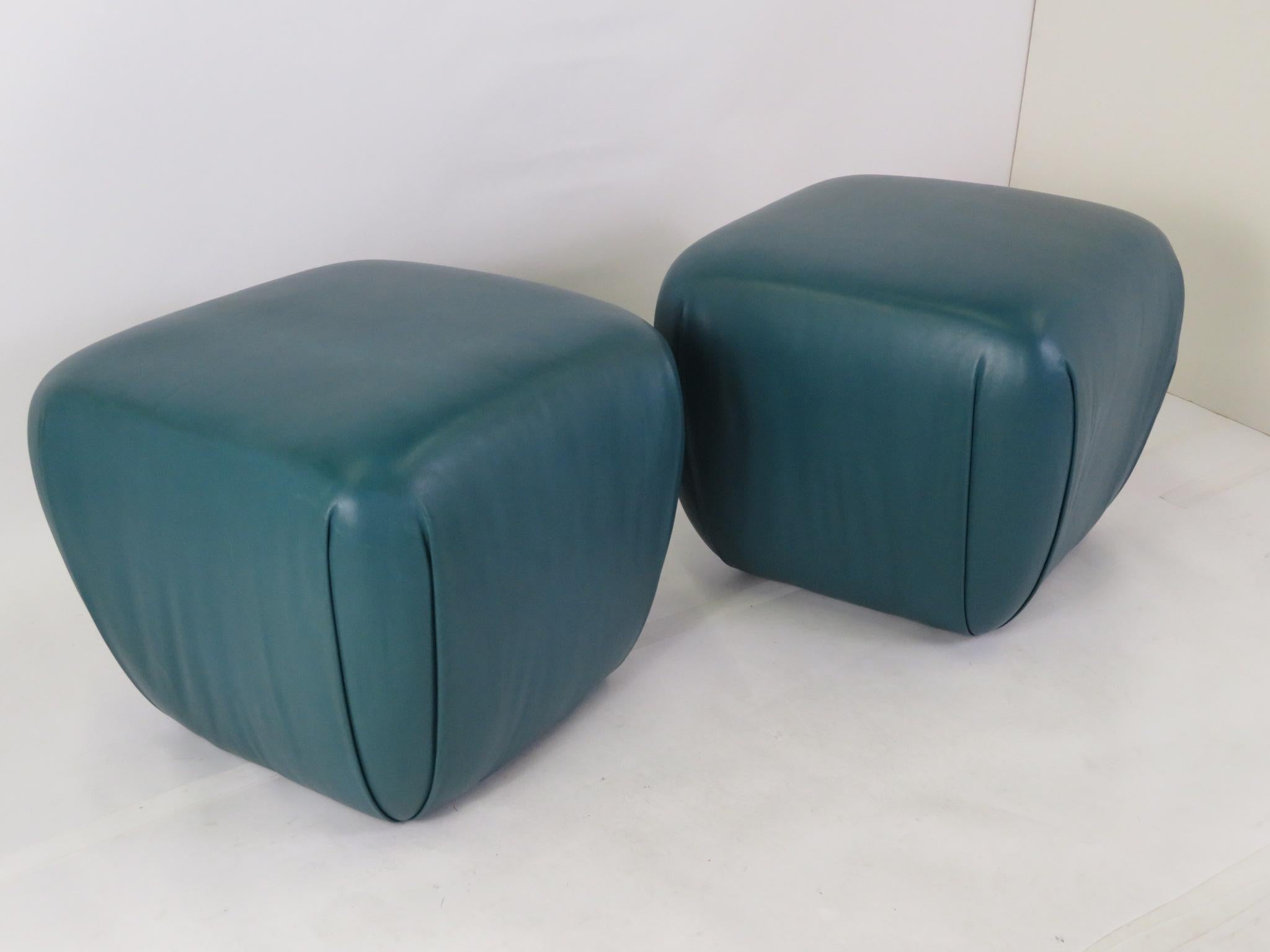Late 20th Century Modern Pair of Teal Leather Ottomans Stools in the Style of Karl Springer, 1980s