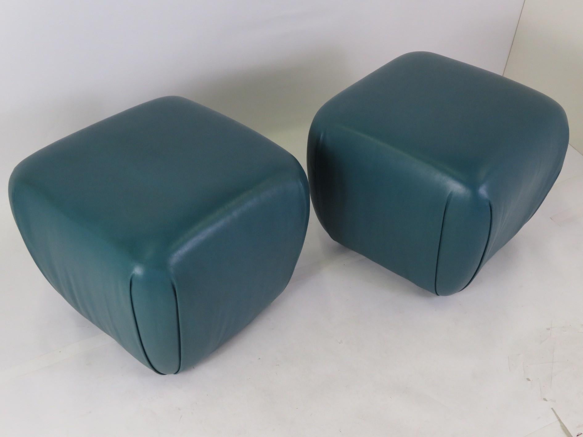 Modern Pair of Teal Leather Ottomans Stools in the Style of Karl Springer, 1980s 2