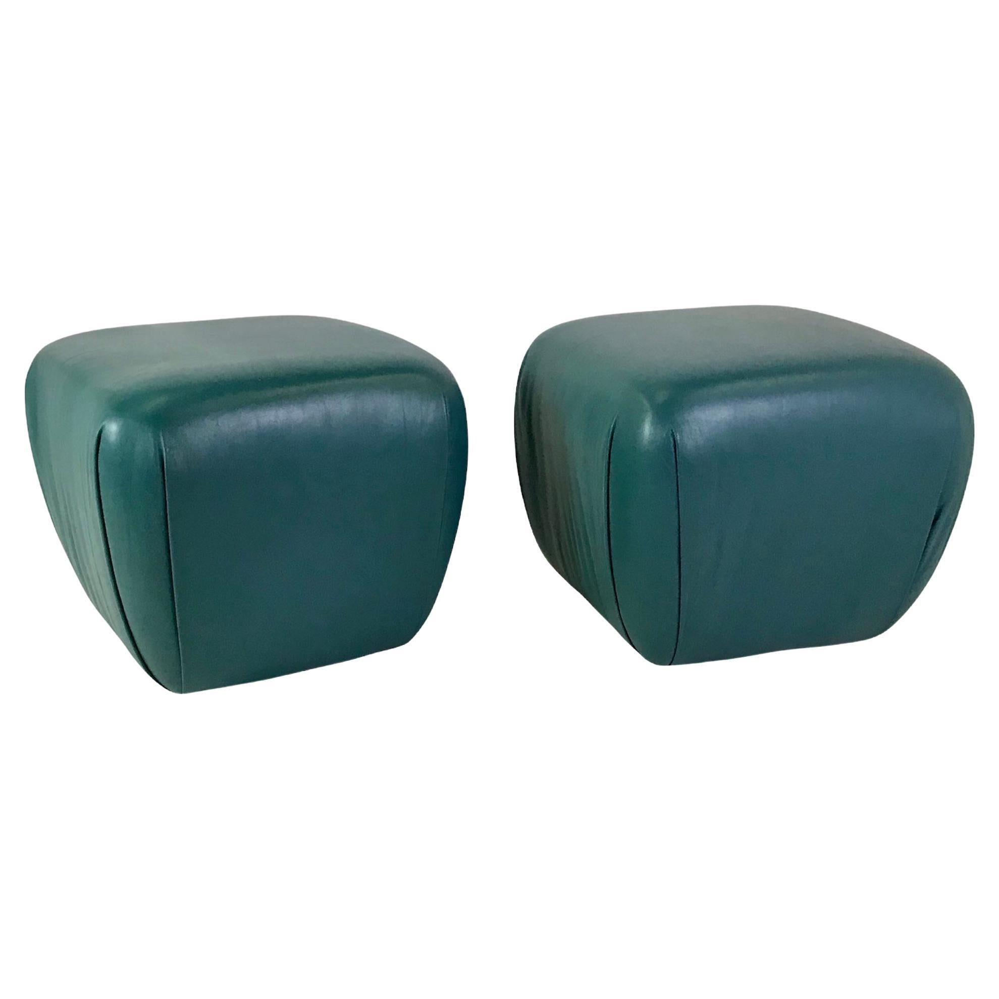 Modern Pair of Teal Leather Ottomans Stools in the Style of Karl Springer, 1980s