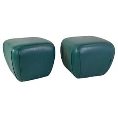 Modern Pair of Teal Leather Ottomans Stools in the Style of Karl Springer, 1980s
