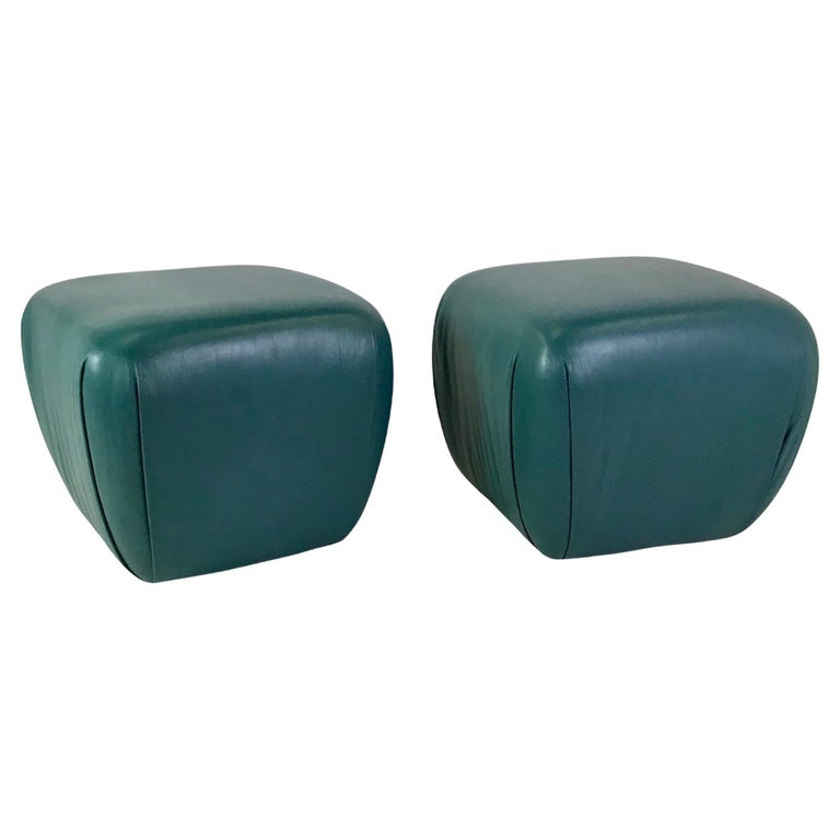Modern Pair of Teal Leather Ottomans Stools in the Style of Karl Springer, 1980s For Sale