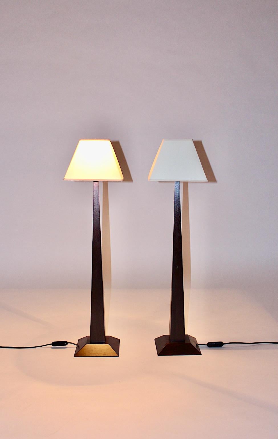 20th Century Modern Pair of Vintage Obelisk Table Lamp Brown Beech White Fabric France, 1980s For Sale