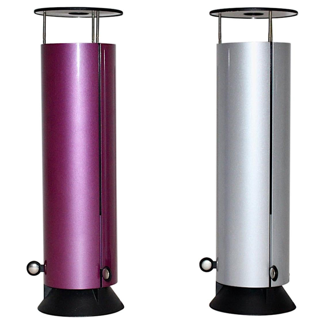 Modern Pair of Vintage Plastic Table Lamps Lilac Silver Black, 1980s, Italy For Sale
