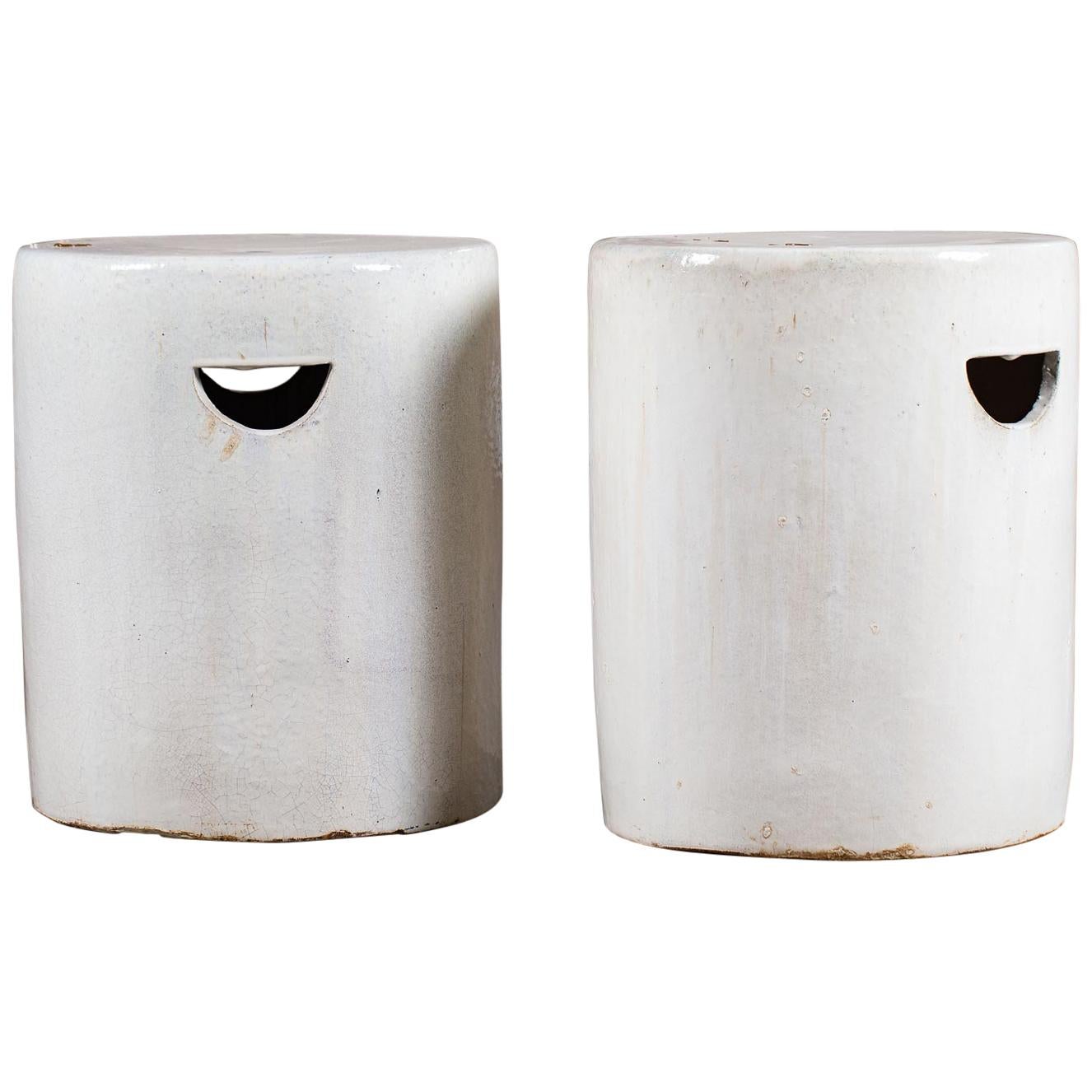 Modern Pair of White Glazed Contemporary Ceramic Garden Seats Handmade