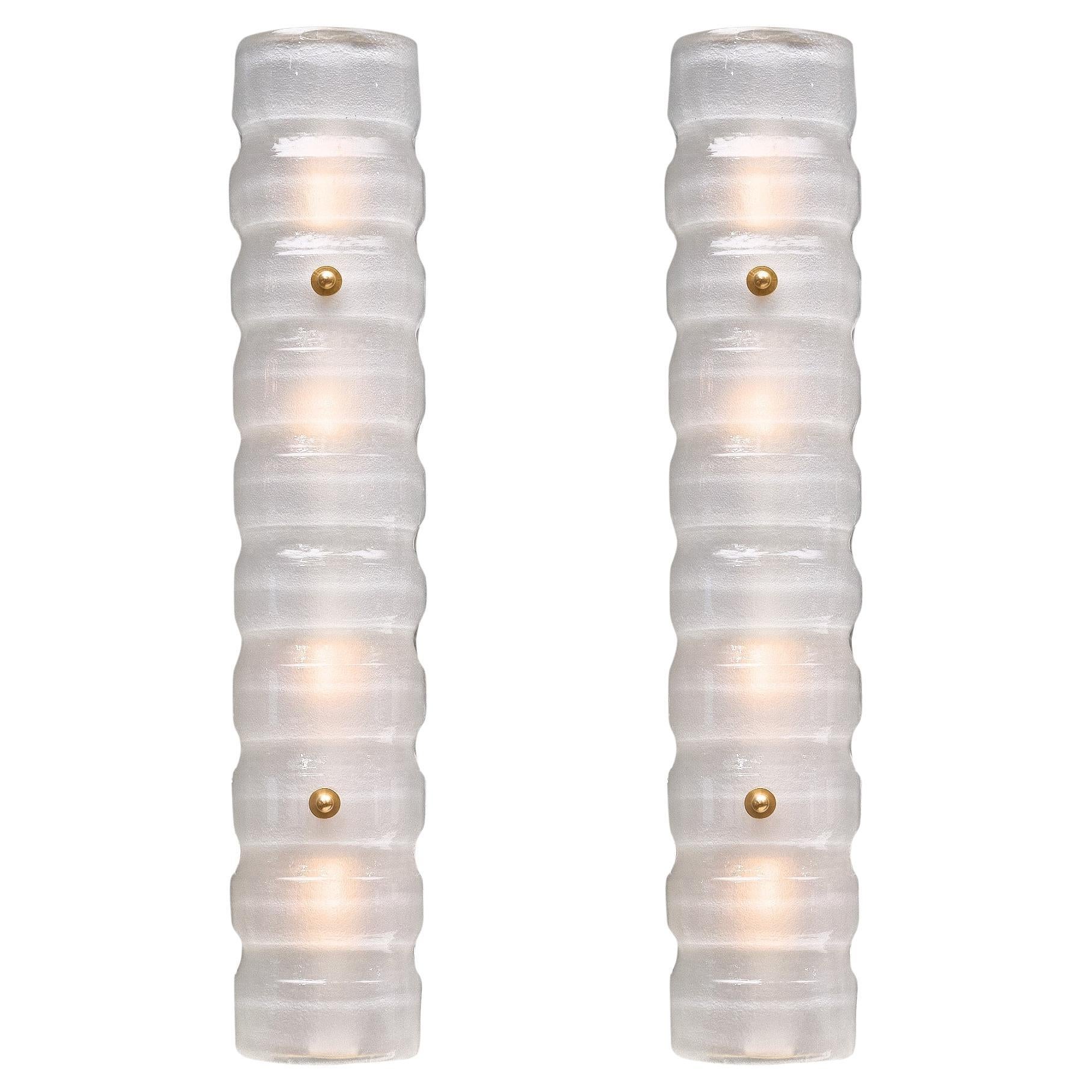 Modern Pair of White Murano Glass Sconces with Brass Finials, Italy