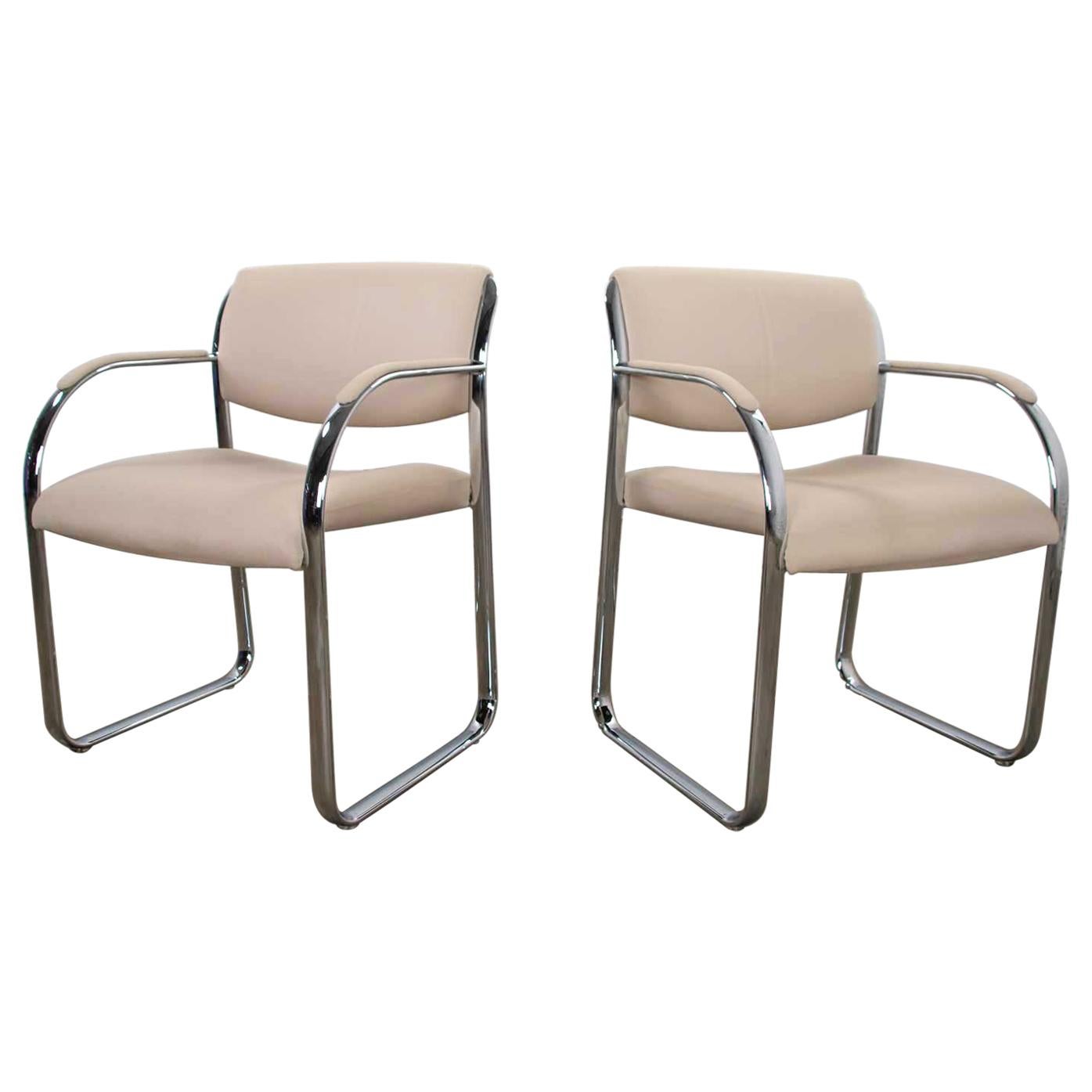 Modern Pair Off-White and Chrome Accent or Dining Armchairs by Steelcase