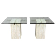 Modern Pair Travertine & Brass Plate End Side Tables Glass Tops Style of Artedi