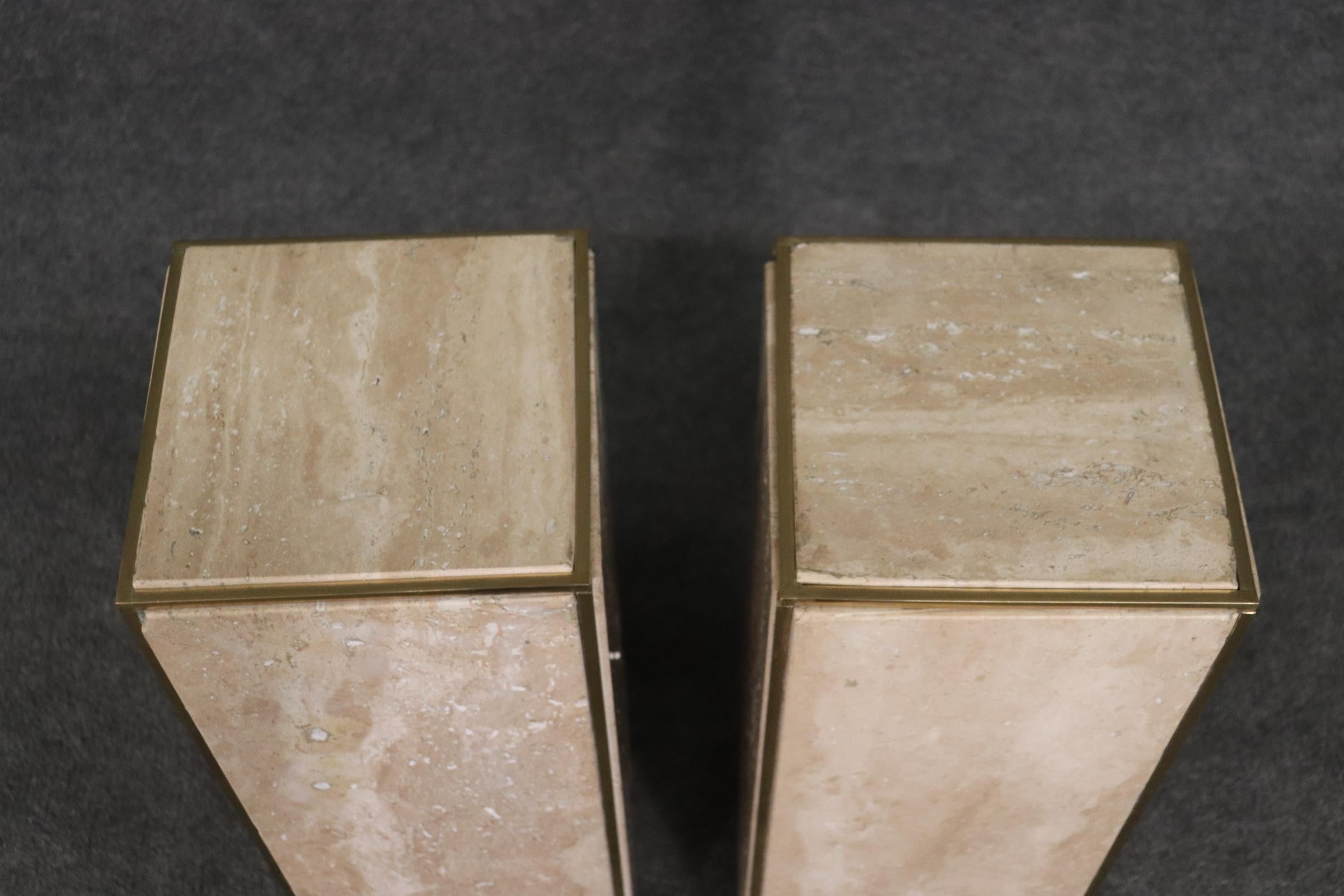 Late 20th Century Modern Pair Travertine Marble Solid Brass Karl Springer Attributed Pedestals For Sale