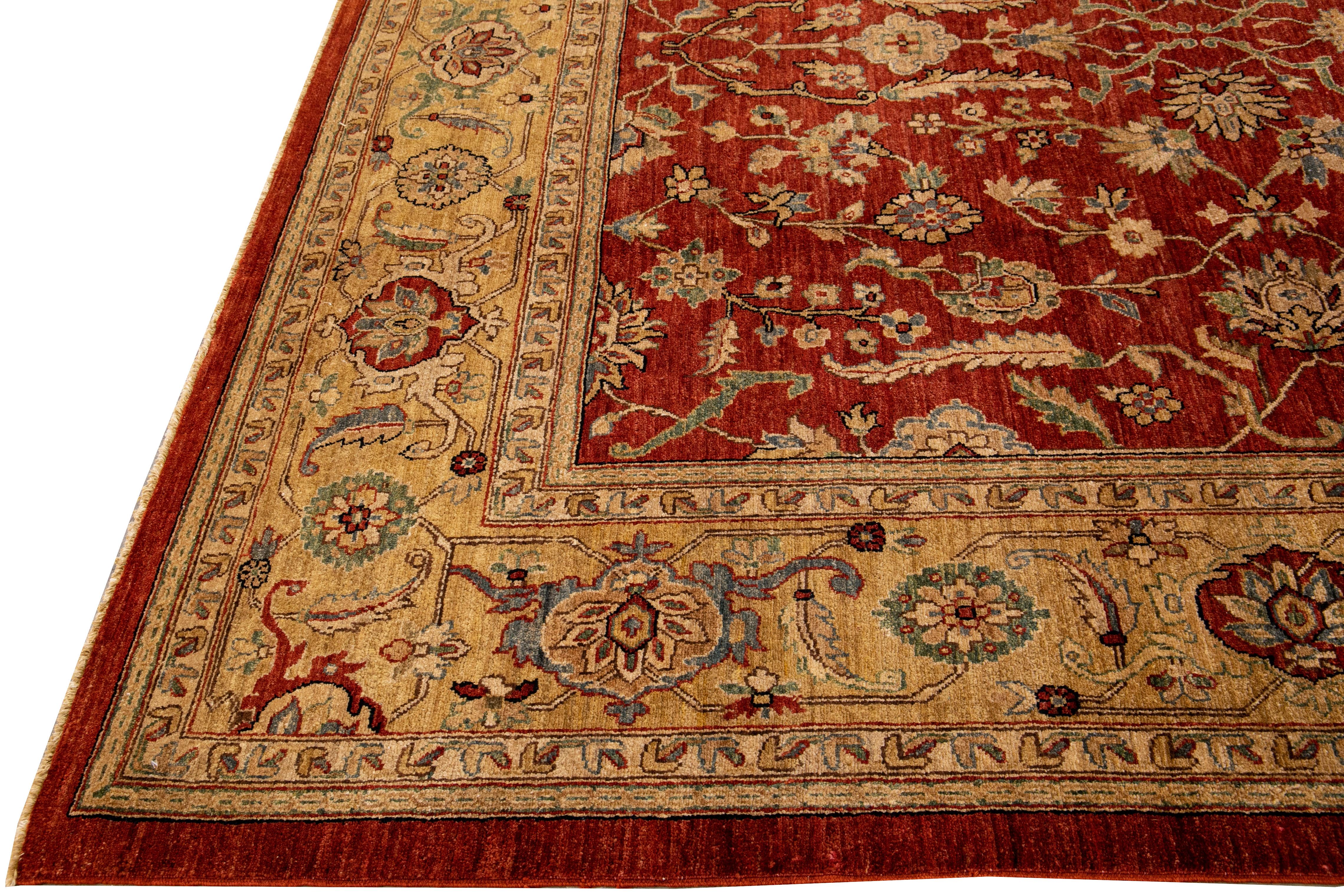 Afghan Modern Paki Peshawar Handmade Palmettes Red Wool Rug For Sale