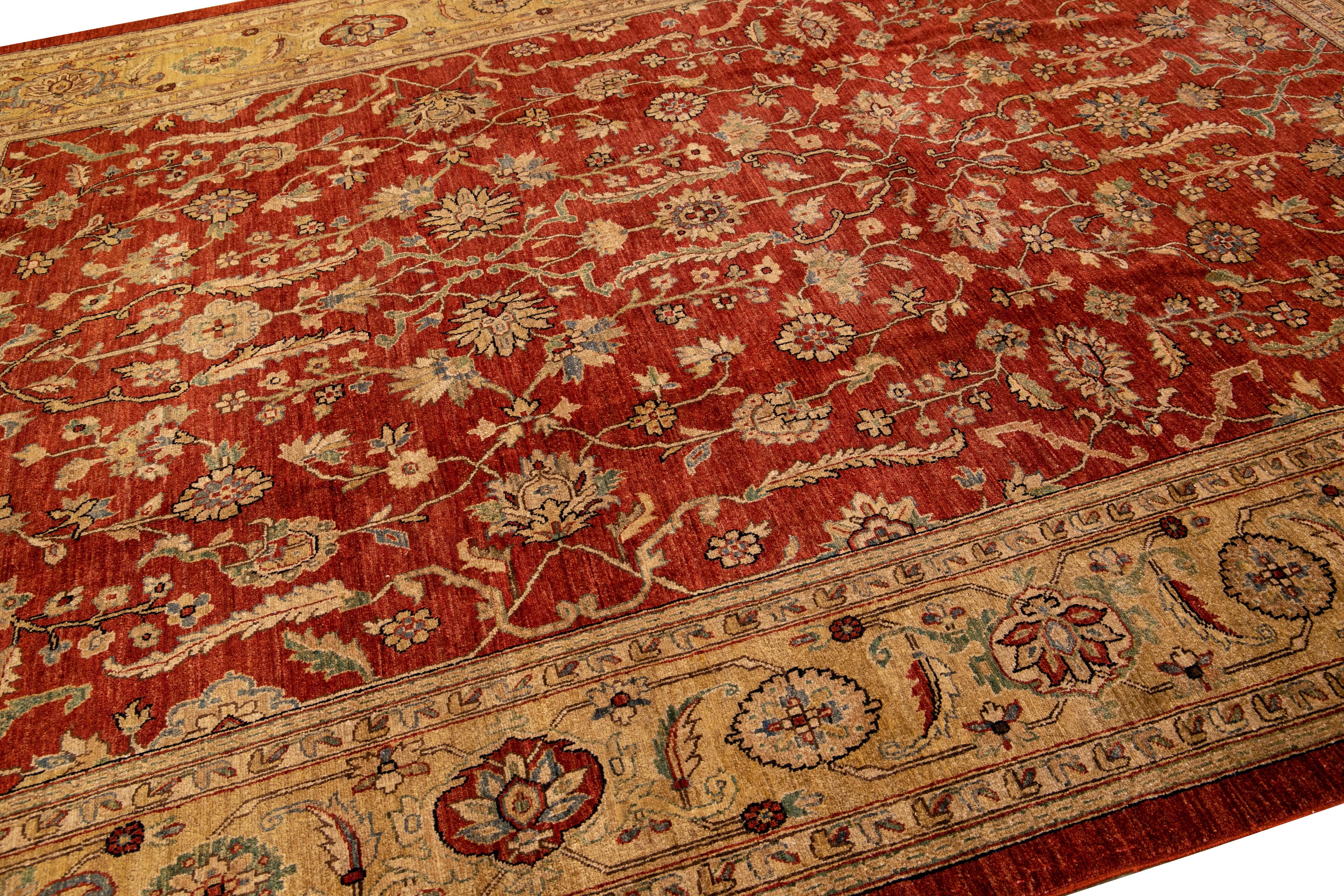 Hand-Knotted Modern Paki Peshawar Handmade Palmettes Red Wool Rug For Sale