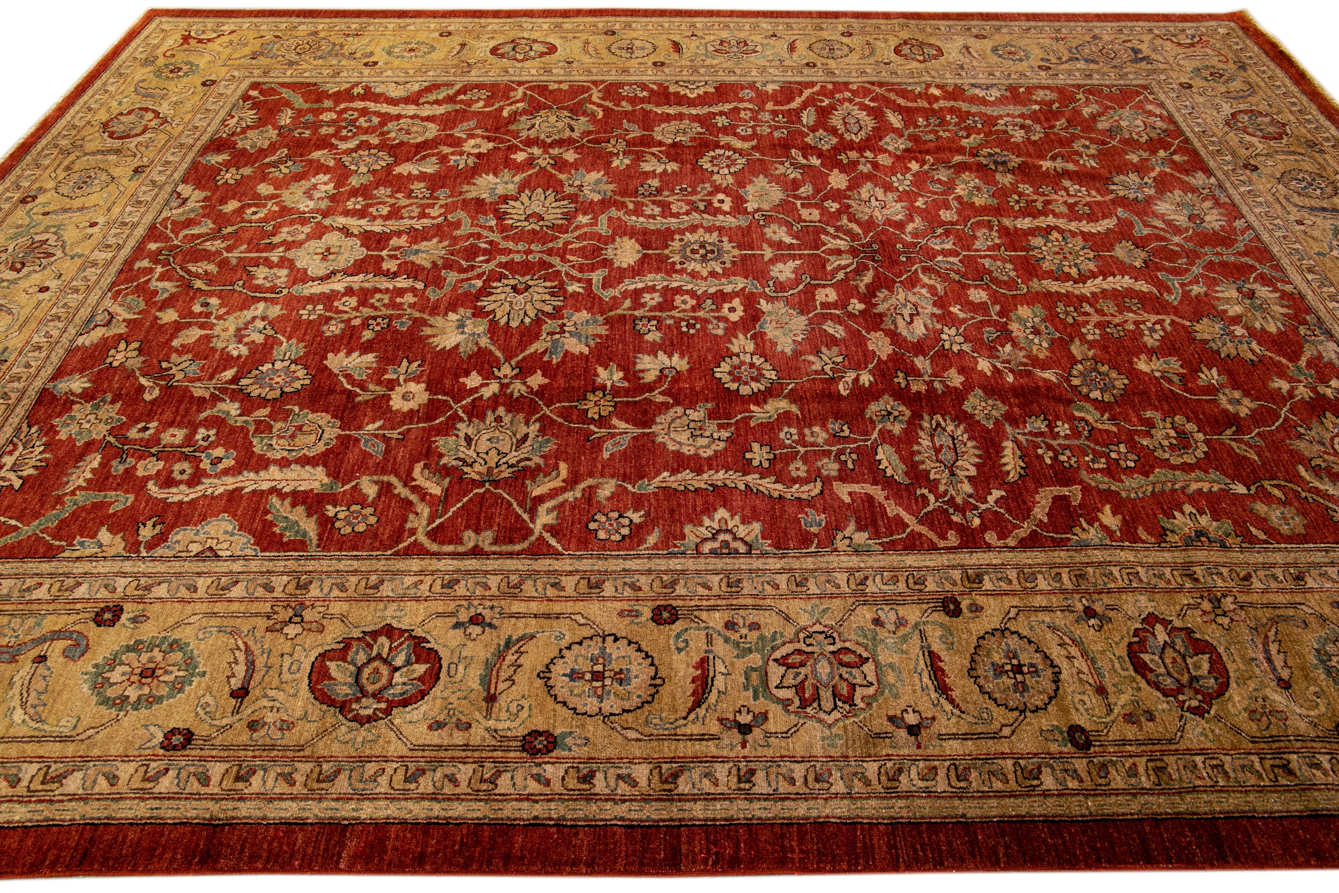 Modern Paki Peshawar Handmade Palmettes Red Wool Rug In New Condition For Sale In Norwalk, CT