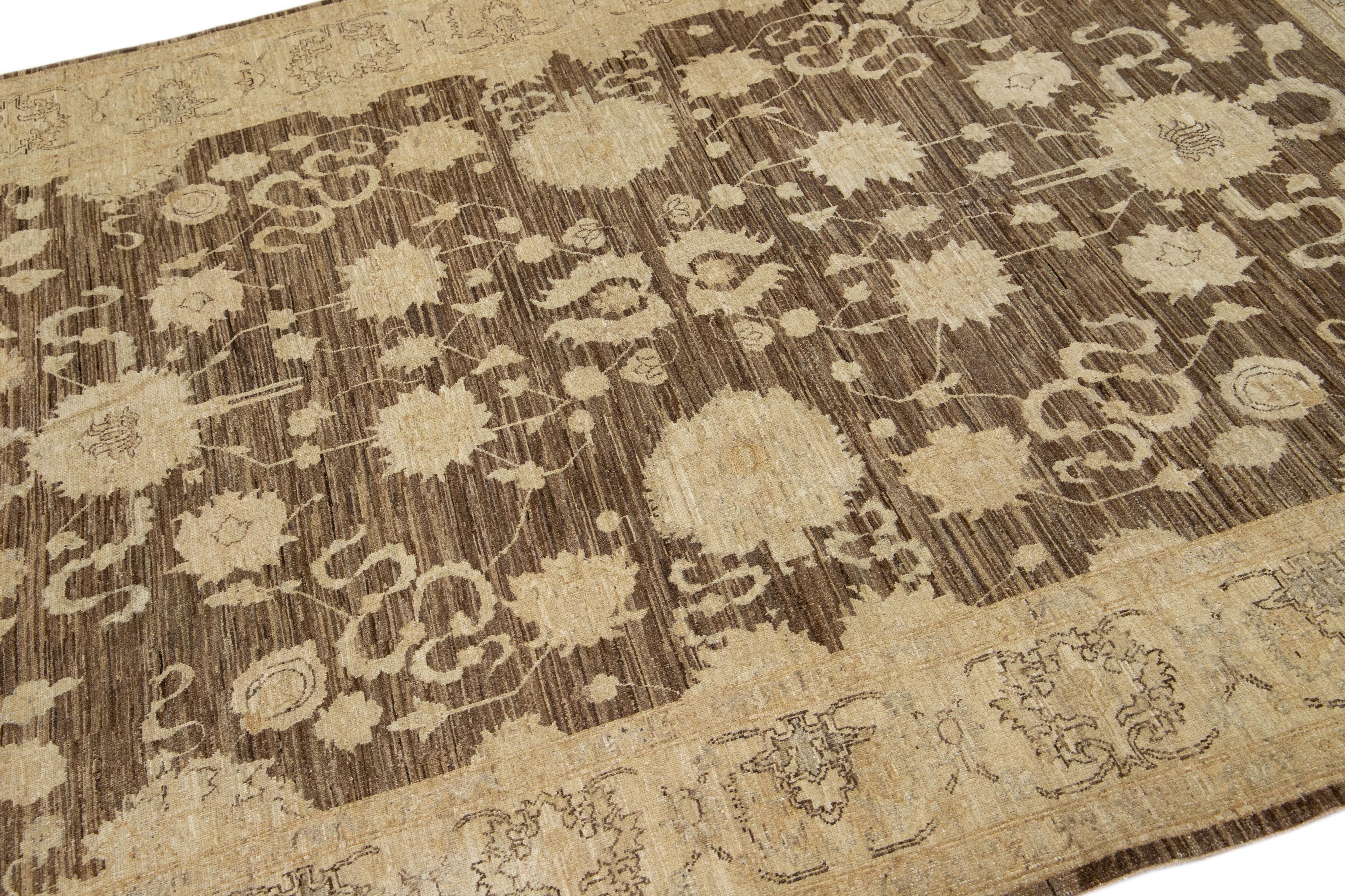 Indian Modern Paki Peshawar Handmade Wool Rug with Floral Design in Brown For Sale