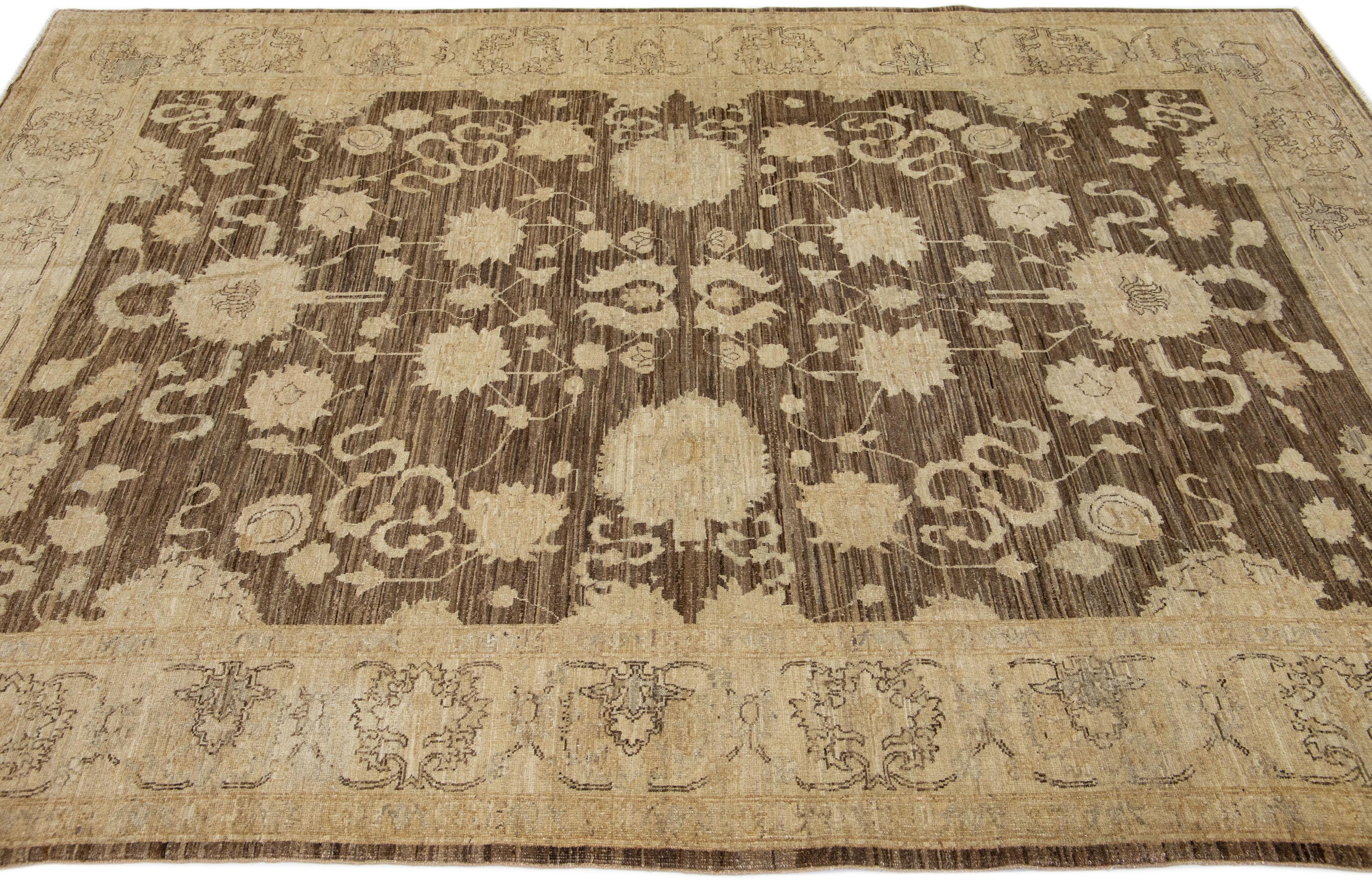 Hand-Knotted Modern Paki Peshawar Handmade Wool Rug with Floral Design in Brown For Sale