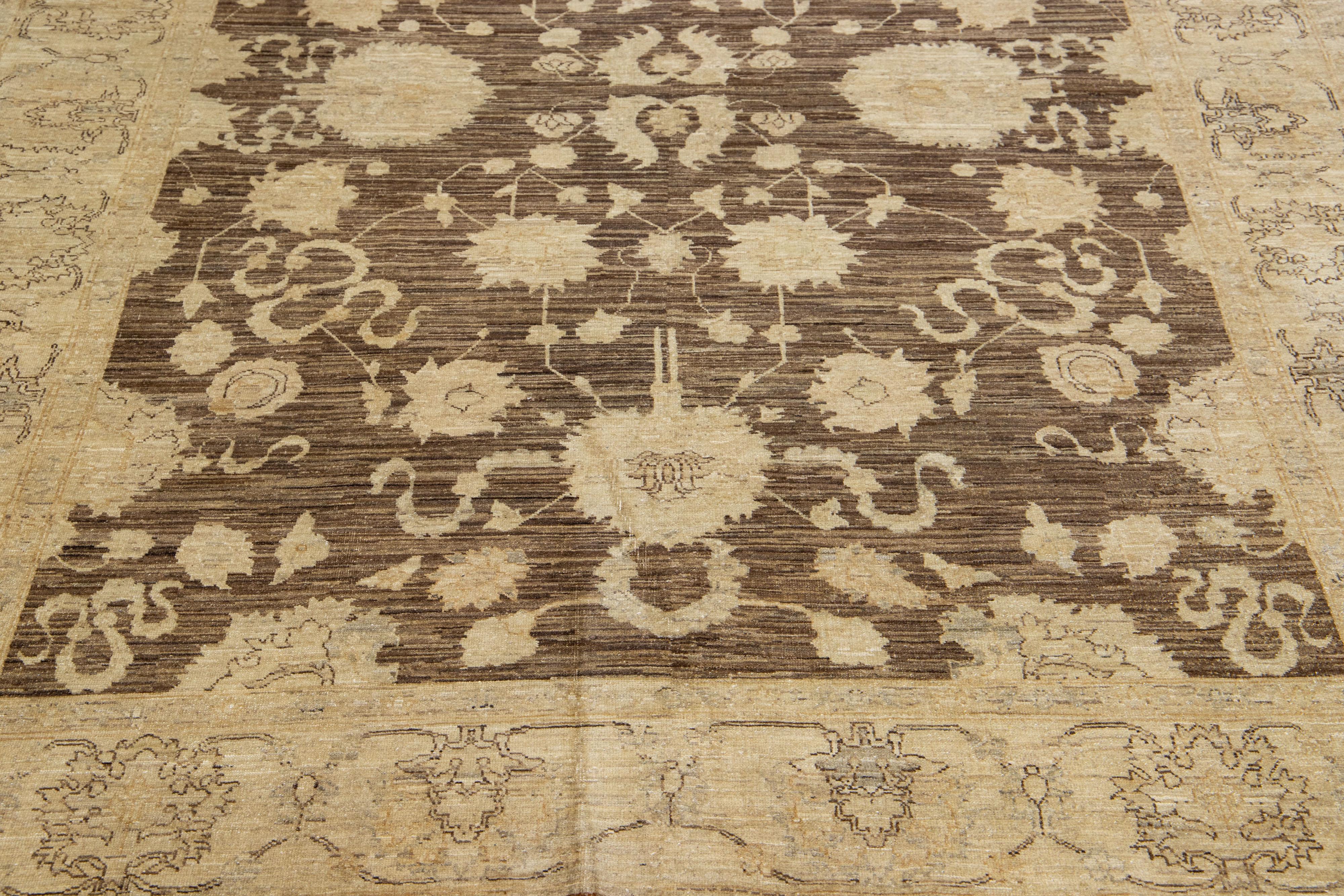 Contemporary Modern Paki Peshawar Handmade Wool Rug with Floral Design in Brown For Sale