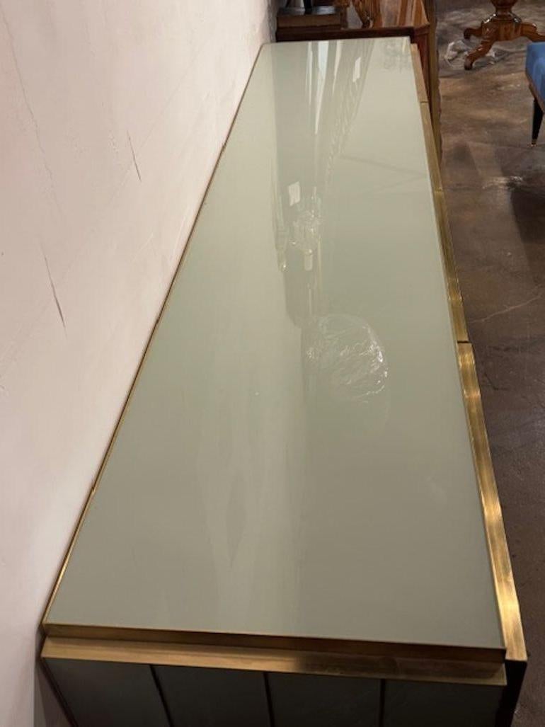 Italian Modern Pale Green Murano Glass Sideboard with Brass Accents For Sale