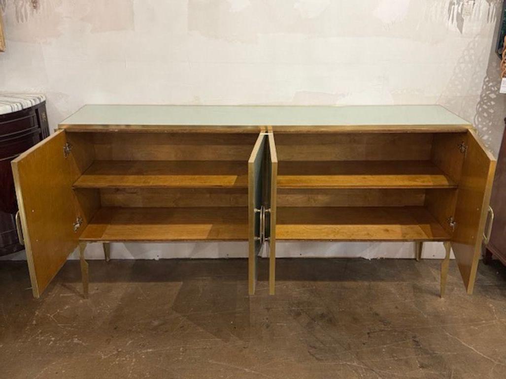 Modern Pale Green Murano Glass Sideboard with Brass Accents In Good Condition For Sale In Dallas, TX