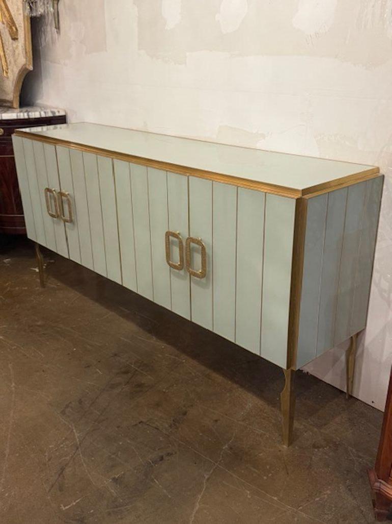 Contemporary Modern Pale Green Murano Glass Sideboard with Brass Accents For Sale