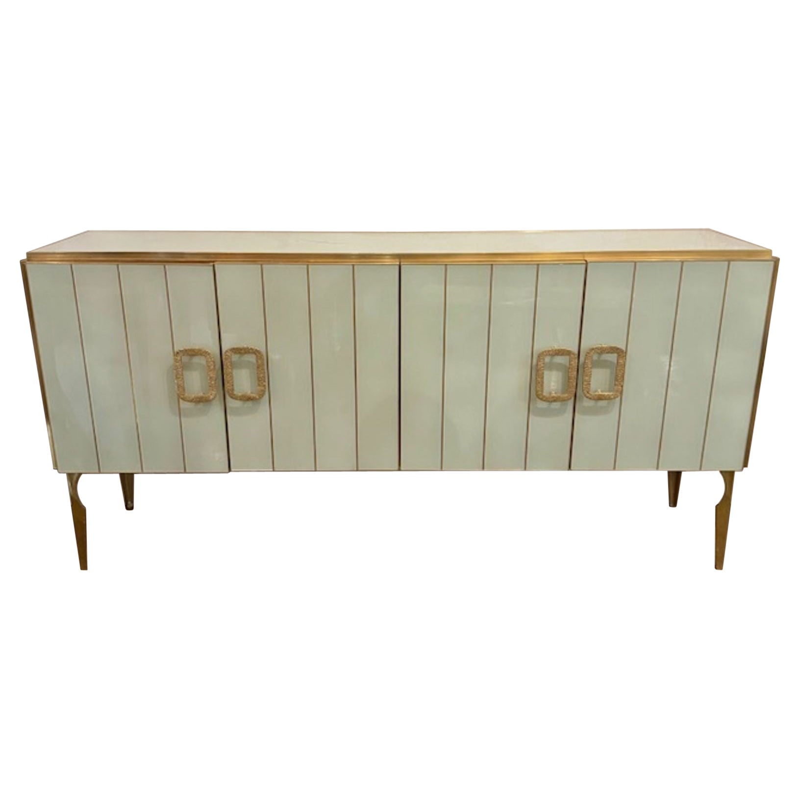 Modern Pale Green Murano Glass Sideboard with Brass Accents For Sale