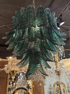 Modern Palm Leaf Dark Green Murano Glass Waterfall Chandelier