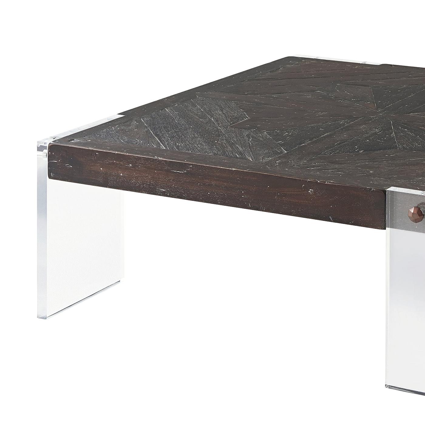 A square modern parquet cocktail table with mahogany and acacia parquetry top in our 'stout' finish with an offset acrylic panel leg and antiqued brass fittings.

Dimensions: 48