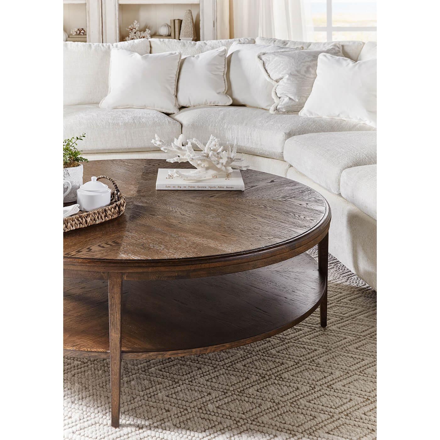 Contemporary Modern Parquetry Round Coffee Table, Light Oak For Sale