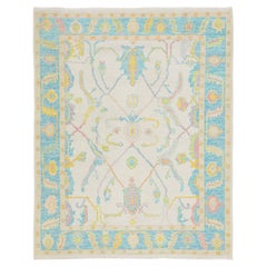 Modern Pastel Oushak Hand-Knotted Wool Area Rug – Soft Blue & Ivory Transitional