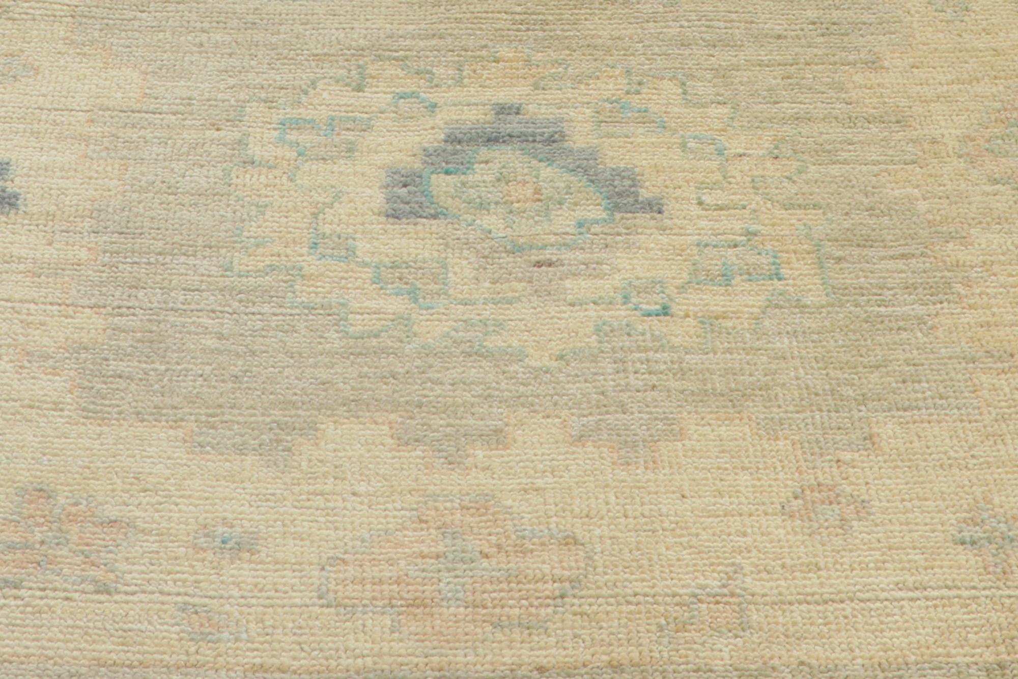Wool Modern Pastel Oushak Runner, Contemporary Elegance Meets Tranquil Sensibility For Sale