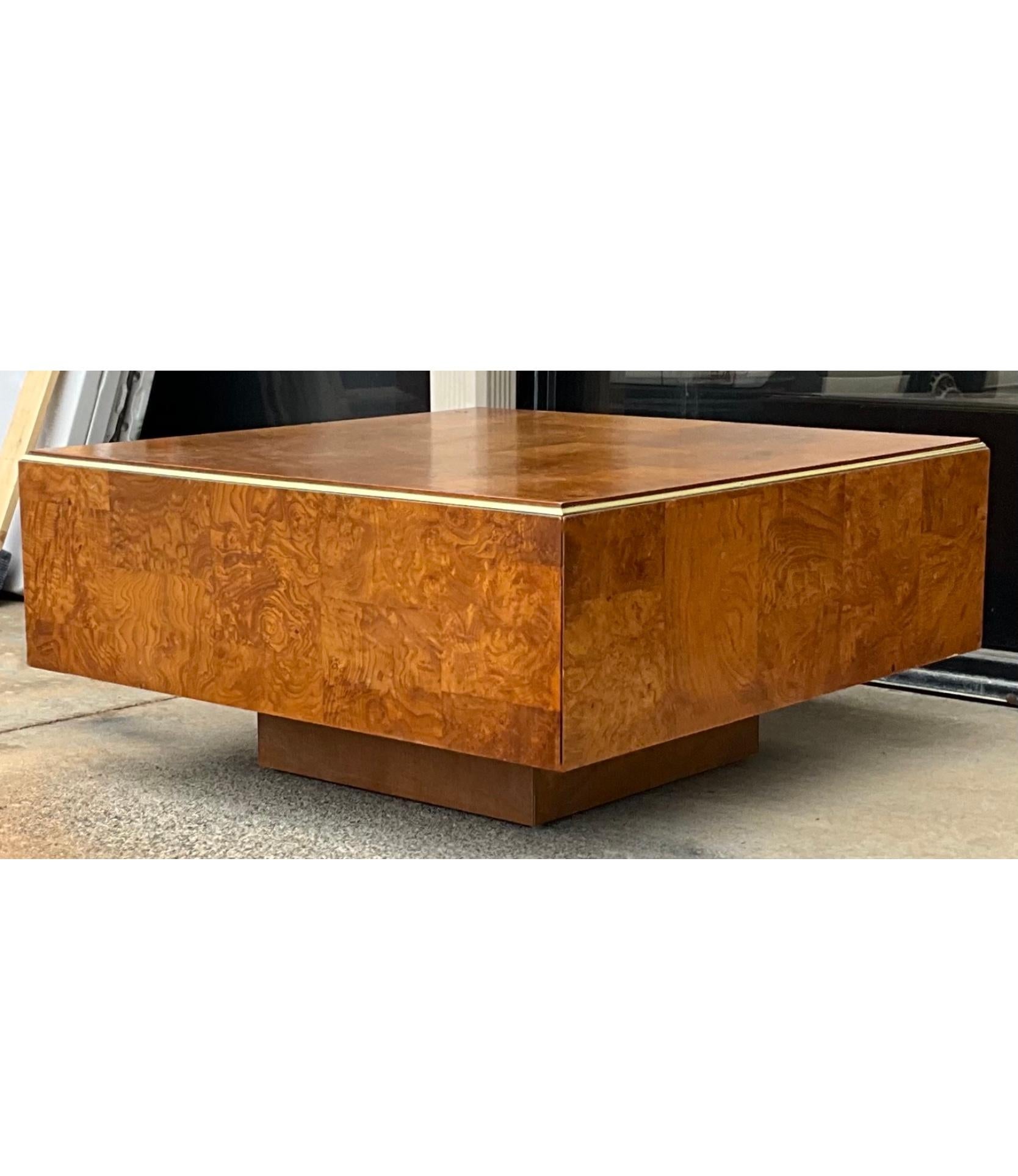 Modern Patchwork Burl And Brass Milo Baughman Style Coffee Table   For Sale 1