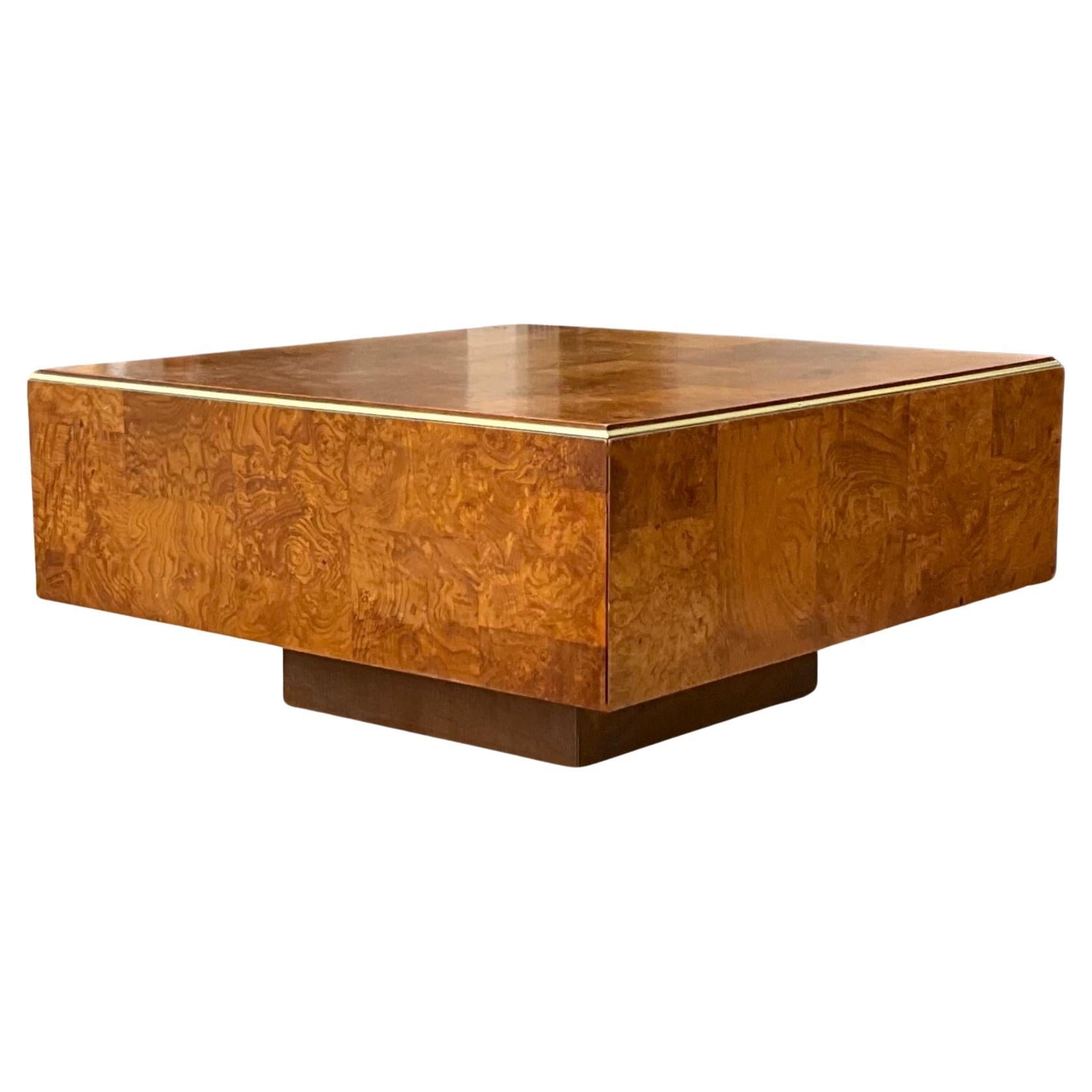 Modern Patchwork Burl And Brass Milo Baughman Style Coffee Table   For Sale