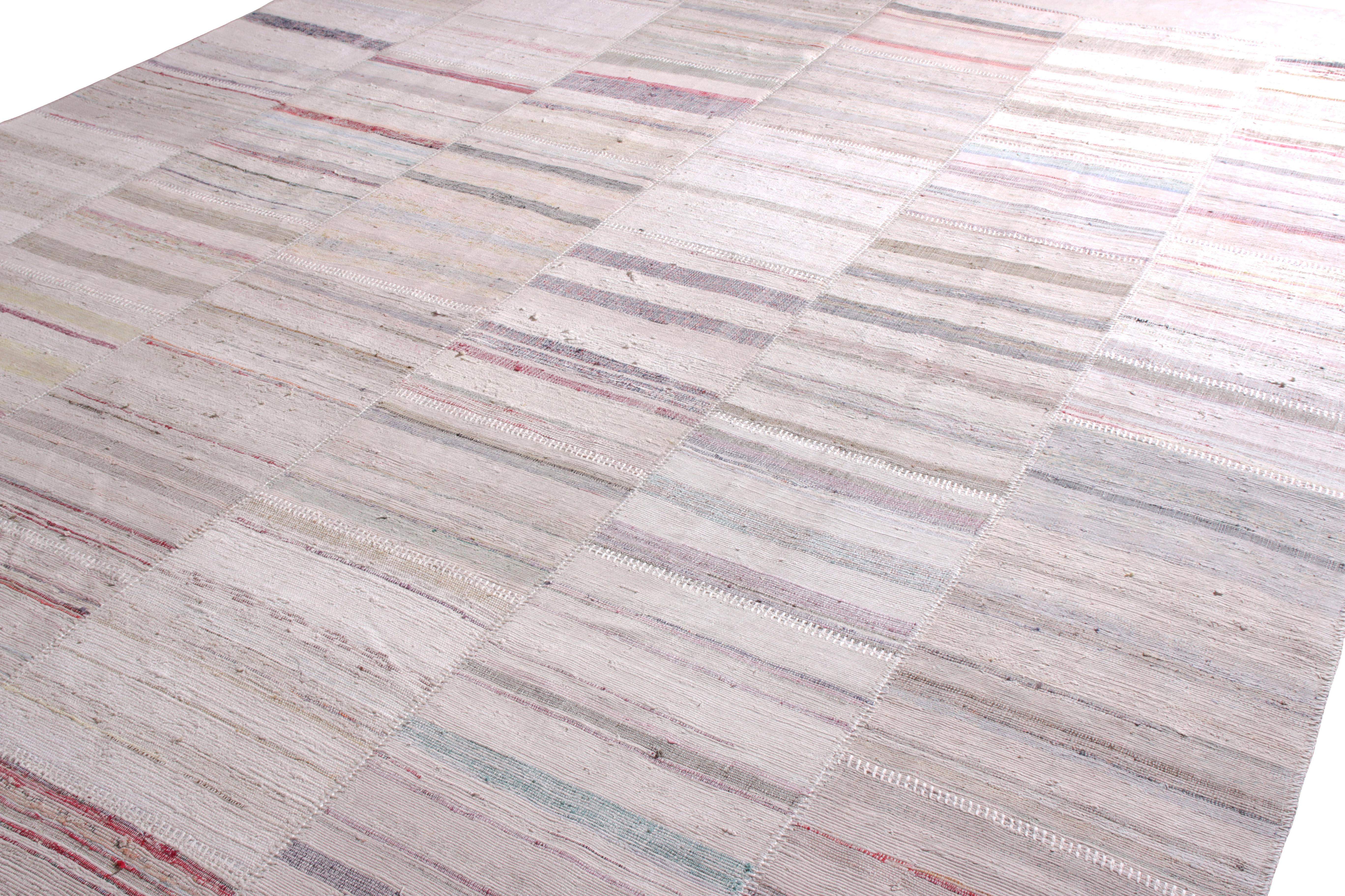 Turkish Rug & Kilim's Modern Patchwork Kilim Rug in Gray Multi-Color Stripe Pattern For Sale