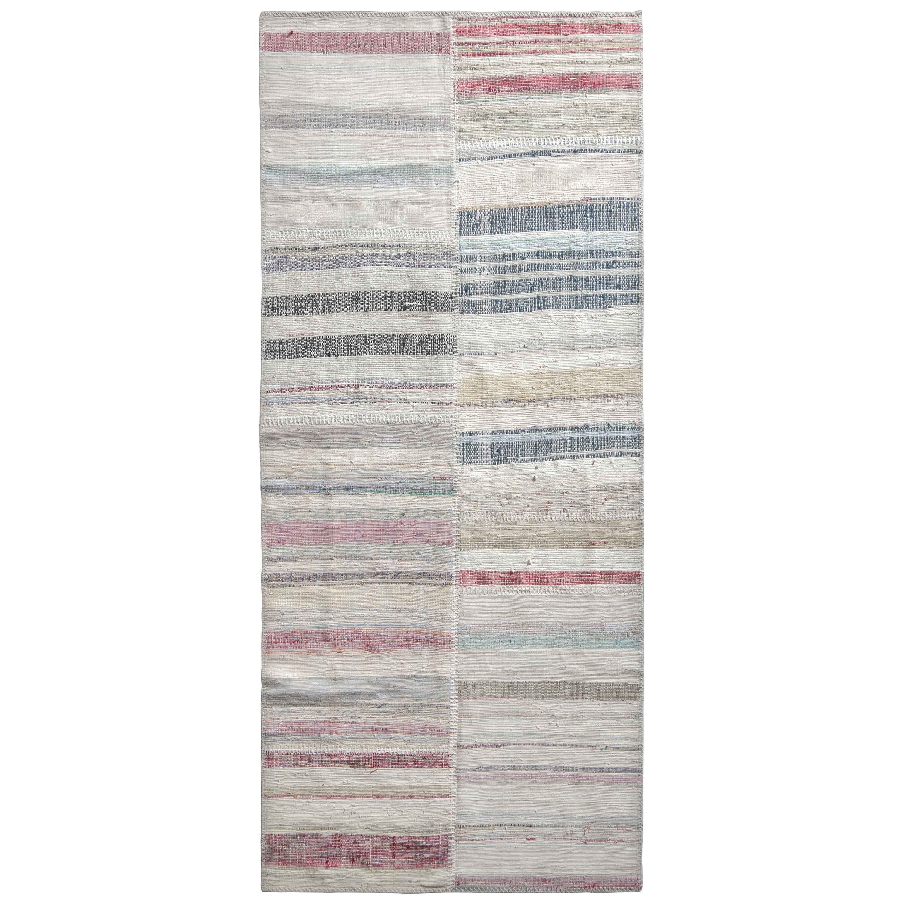 Rug & Kilim's Modern Patchwork Kilim Runner in Gray Multi-Color Stripe Pattern
