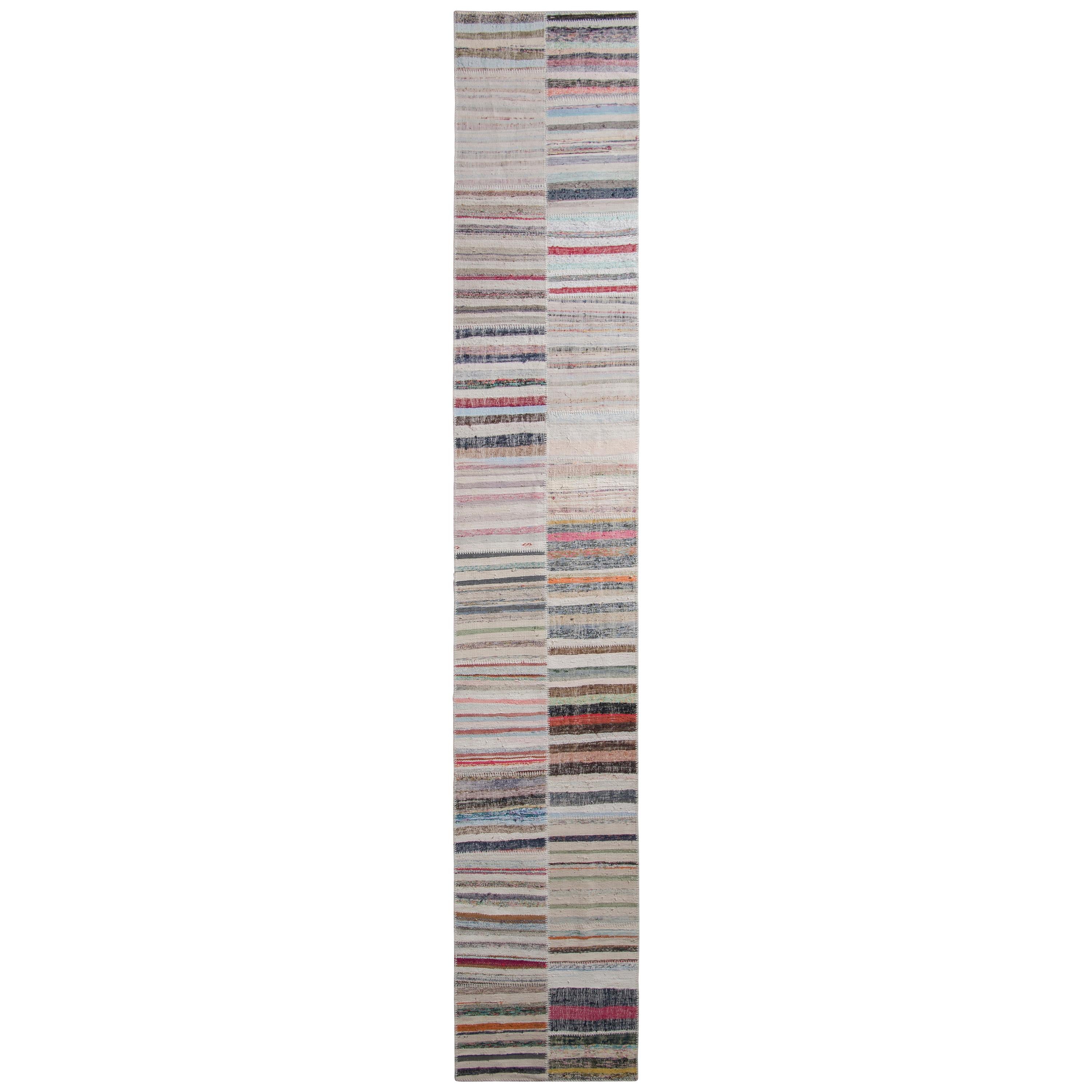 Rug & Kilim's Modern Patchwork Kilim Runner in Gray Multi-Color Stripe Pattern For Sale