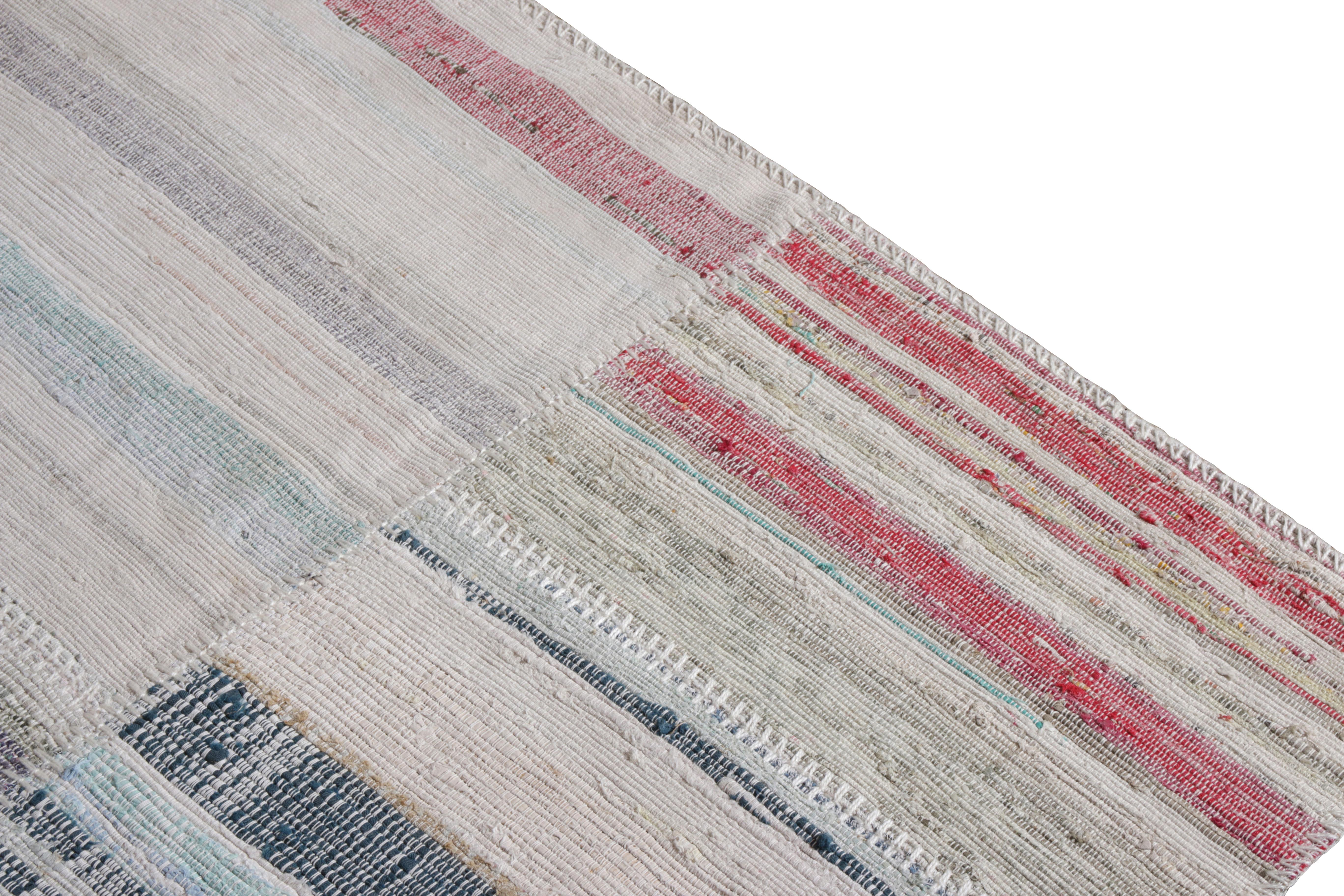 Turkish Rug & Kilim's Modern Patchwork Kilim Runner in Gray Multi-Color Stripe Pattern For Sale