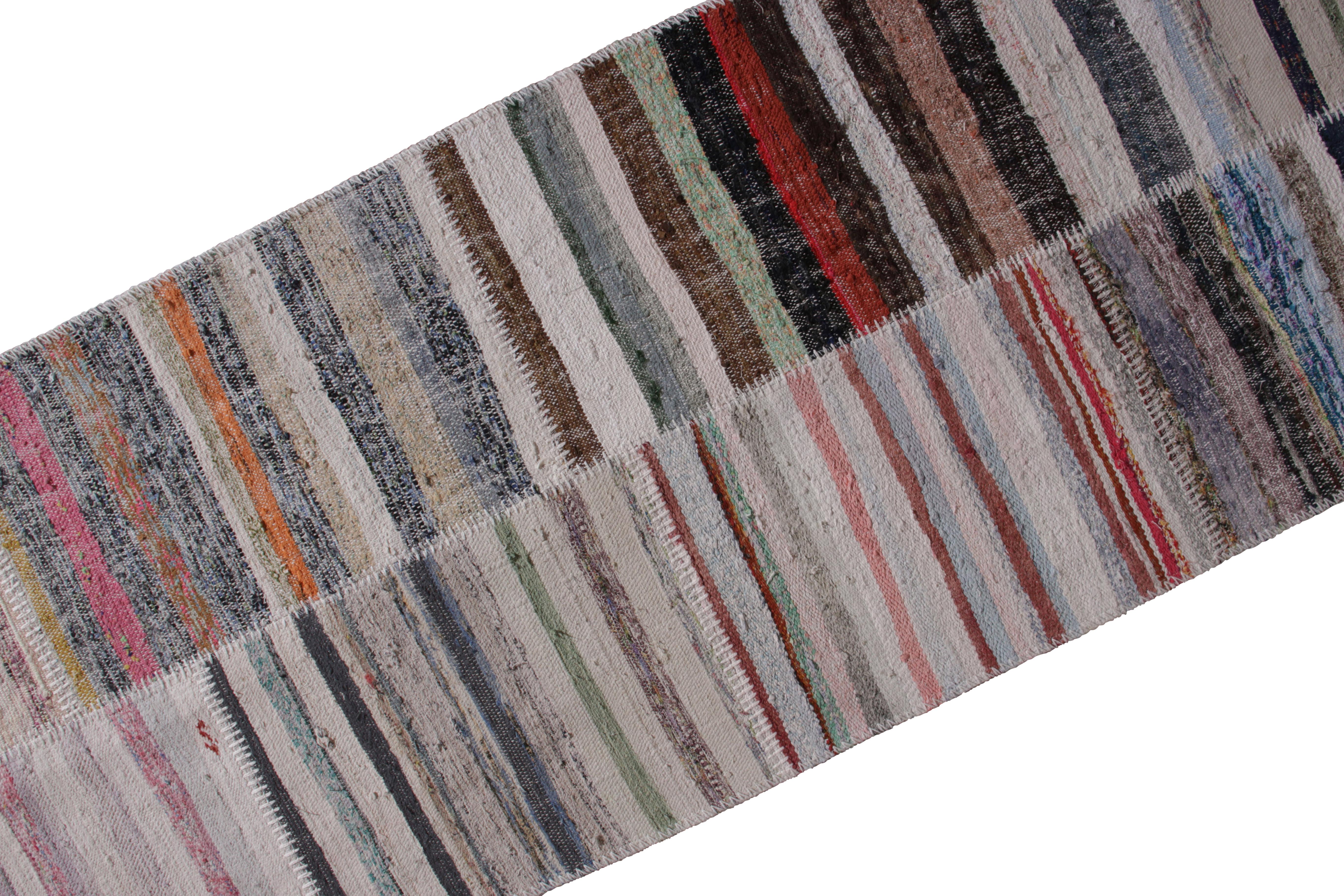 Turkish Rug & Kilim's Modern Patchwork Kilim Runner in Gray Multi-Color Stripe Pattern For Sale
